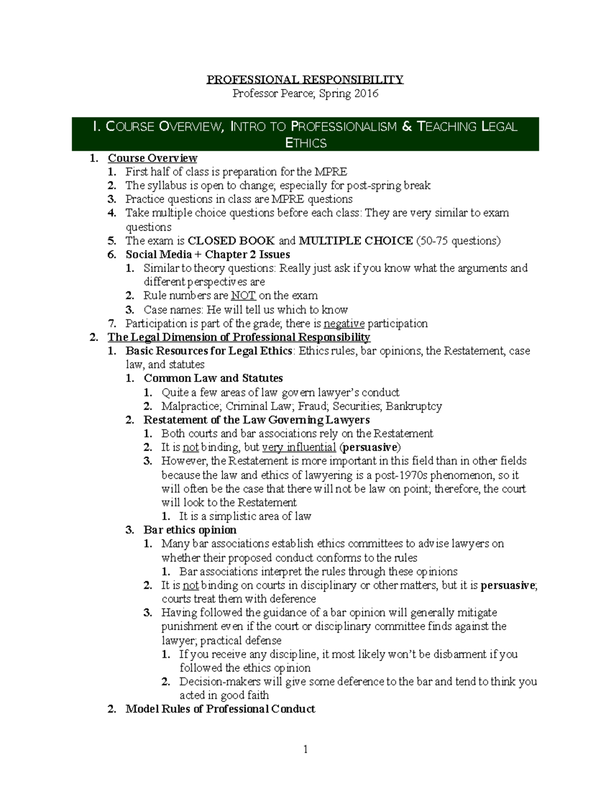 Pr Adam Outline Professional Responsibility Professor Pearce