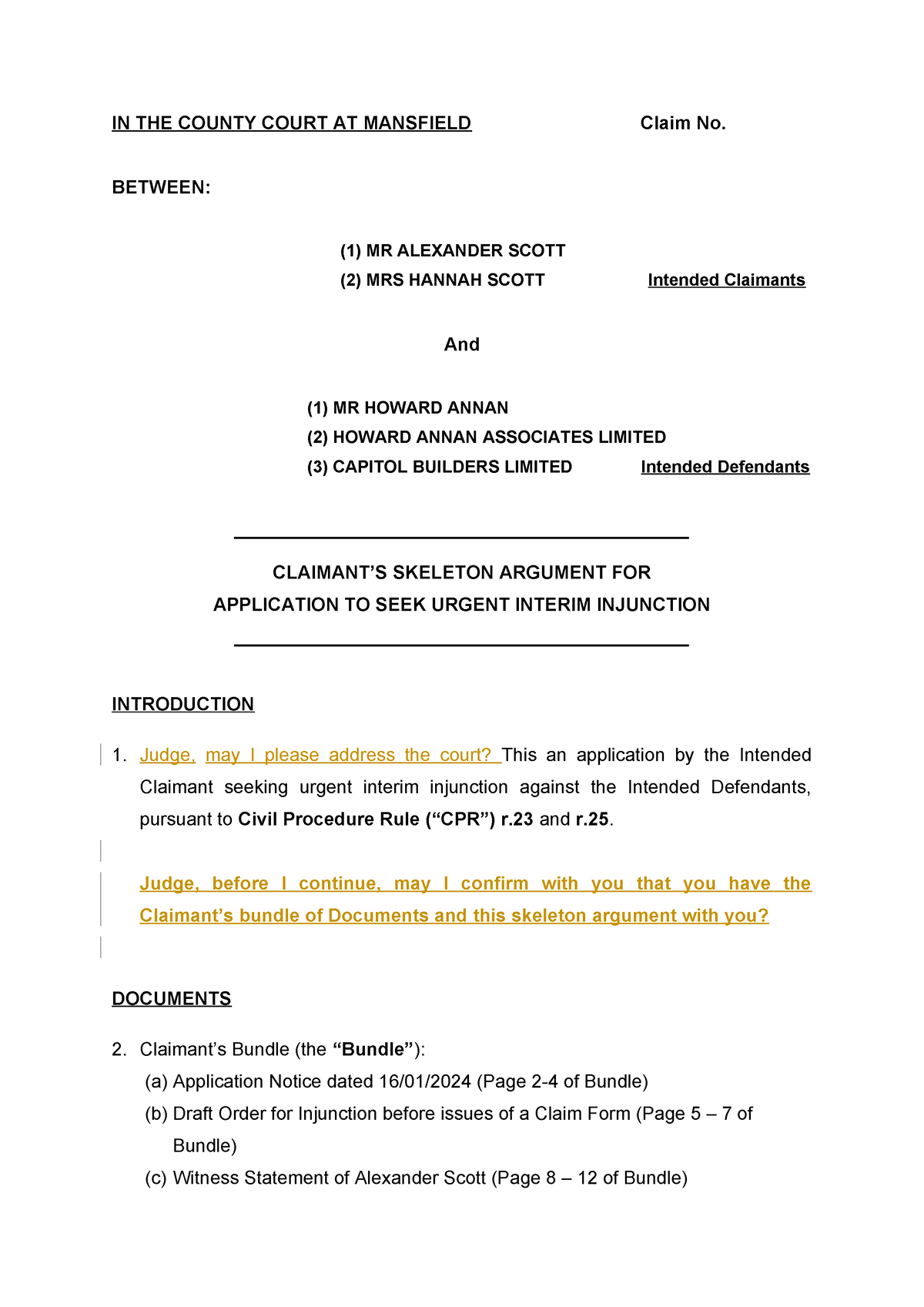 Submissions - Skeleton Argument - Scott v Annan - IN THE COUNTY COURT ...