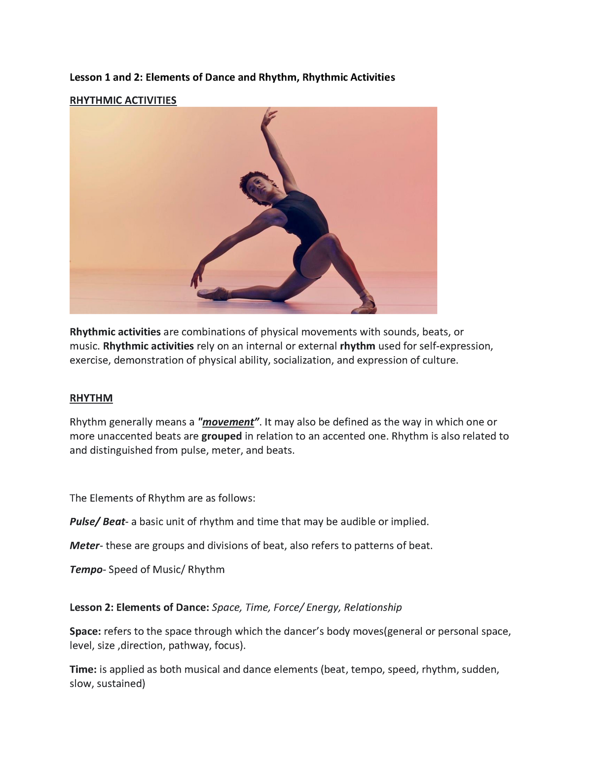 PE Lessons - Lecture Notes 1 - Lesson 1 And 2: Elements Of Dance And ...