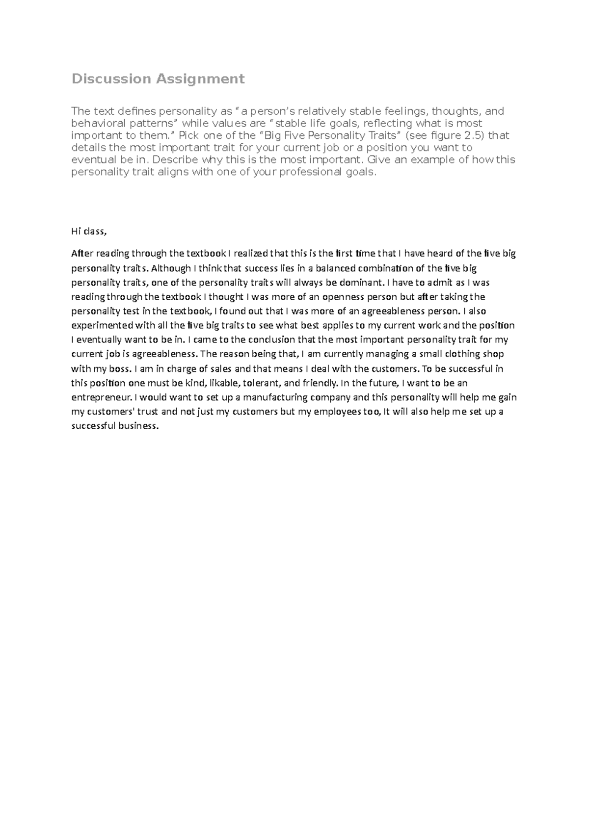 BUS1101 UNIT 2 Discussion Assignment - Discussion Assignment The text ...