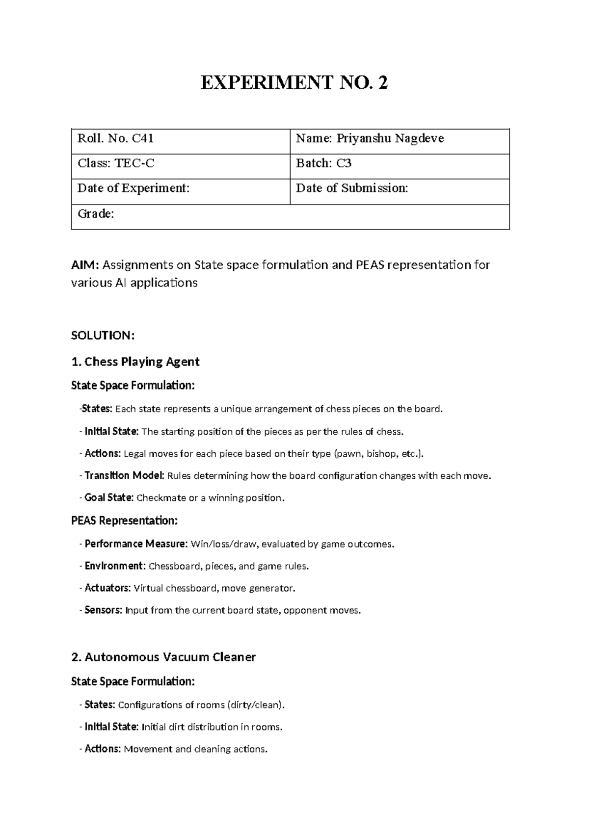 AI Exp 2 - EXPERIMENT NO. 2 Roll. No. C41 Name: Priyanshu Nagdeve Class ...