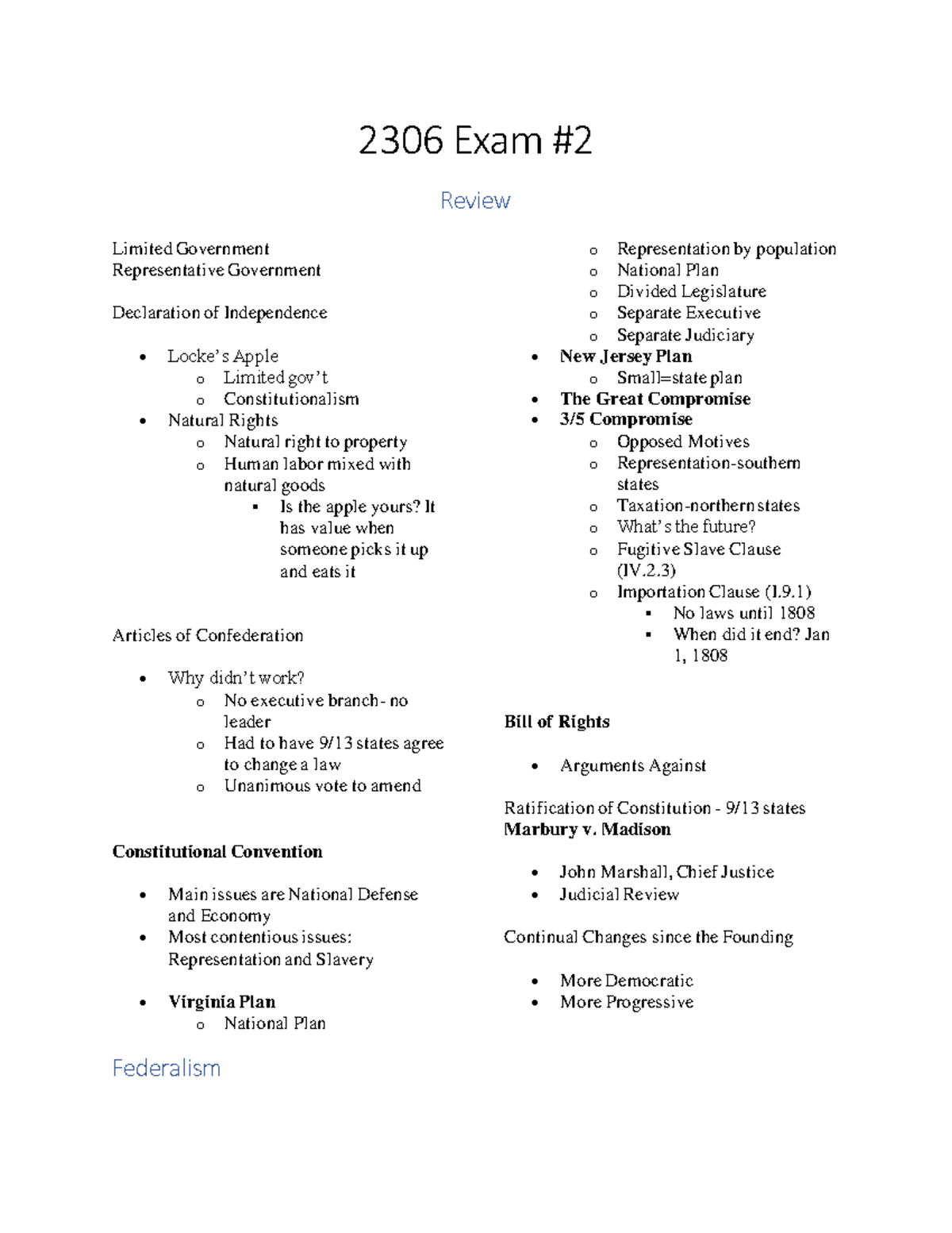 2306 Exam#2 Review - Dr Major - 2306 Exam Review Limited Government ...