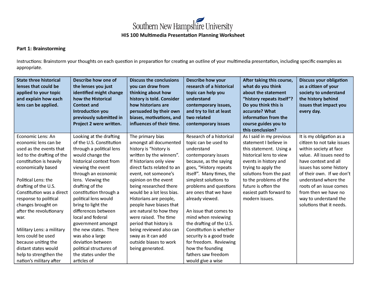 HIS 20 Multimedia Presentation Planning Worksheet - HIS20 With Regard To Outline Of The Constitution Worksheet