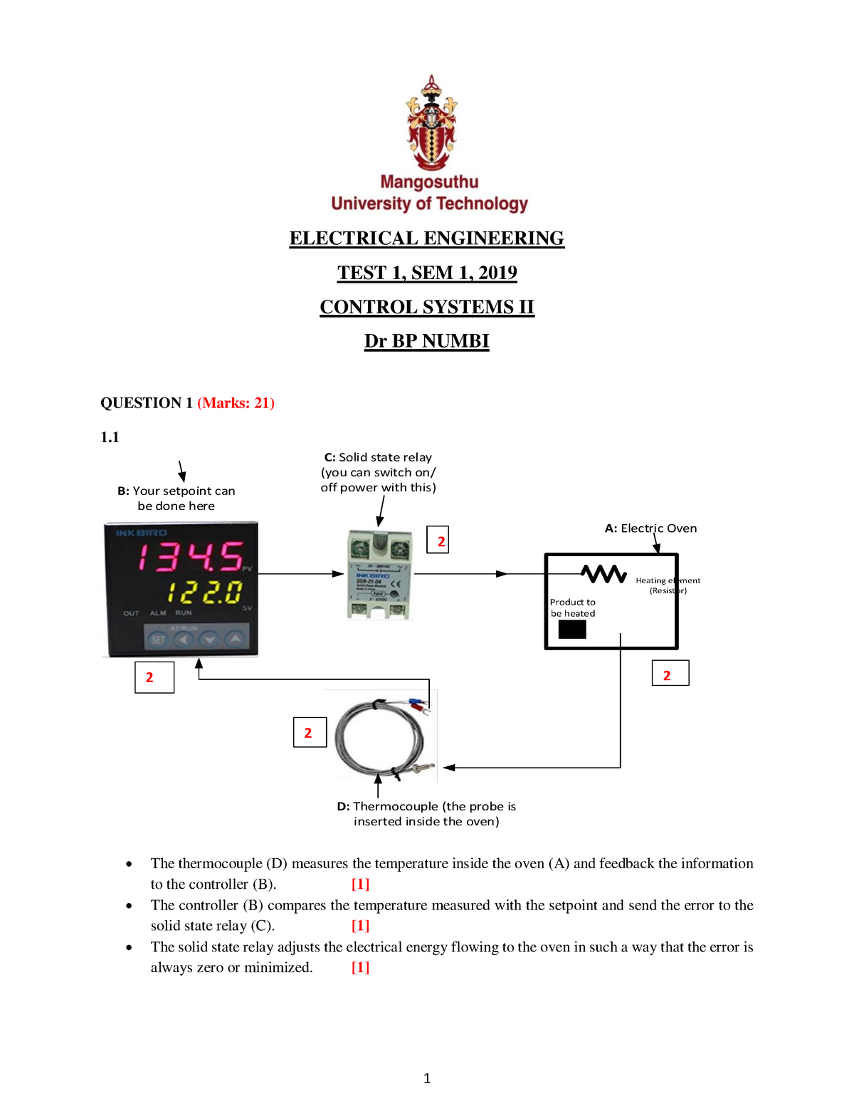 MEMO-Test1-S1-2019-Control Systems 2-1 - 1 ELECTRICAL ENGINEERING TEST ...