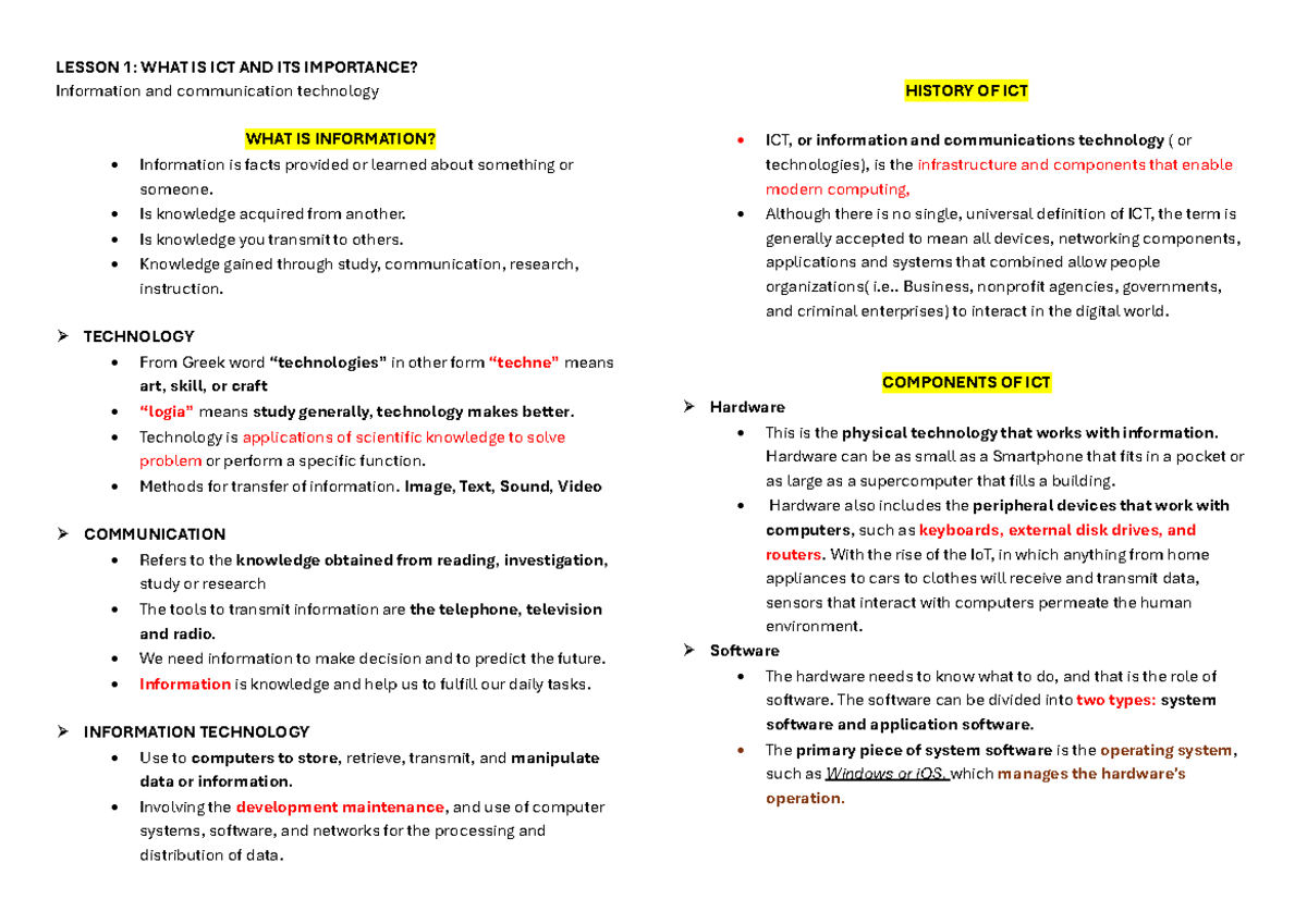 ICT Prelim Reviewer - summary - LESSON 1: WHAT IS ICT AND ITS ...