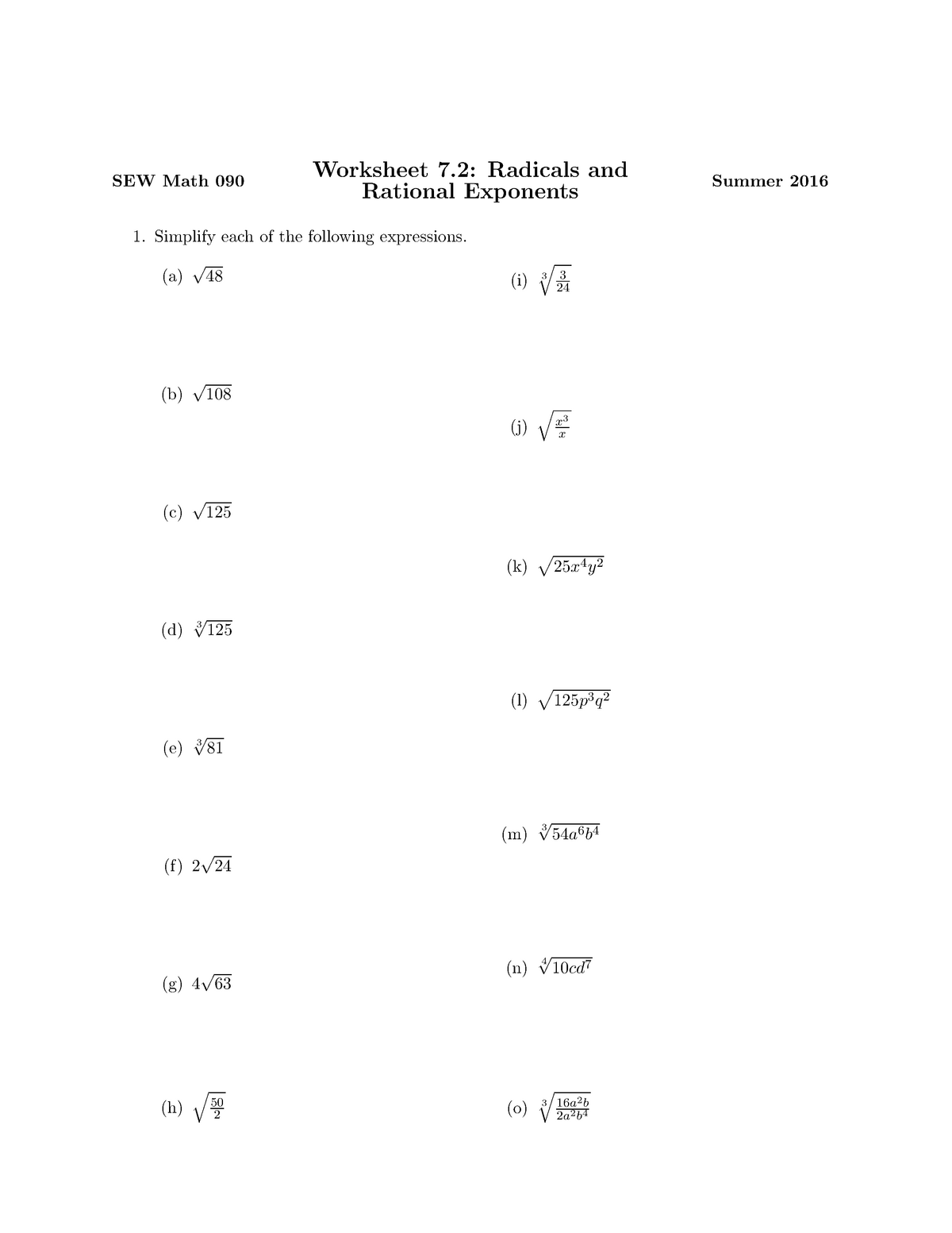 SEW Math worksheet 2222.22 - SEW Math 22 Worksheet 2222: Radicals and Inside Radical And Rational Exponents Worksheet