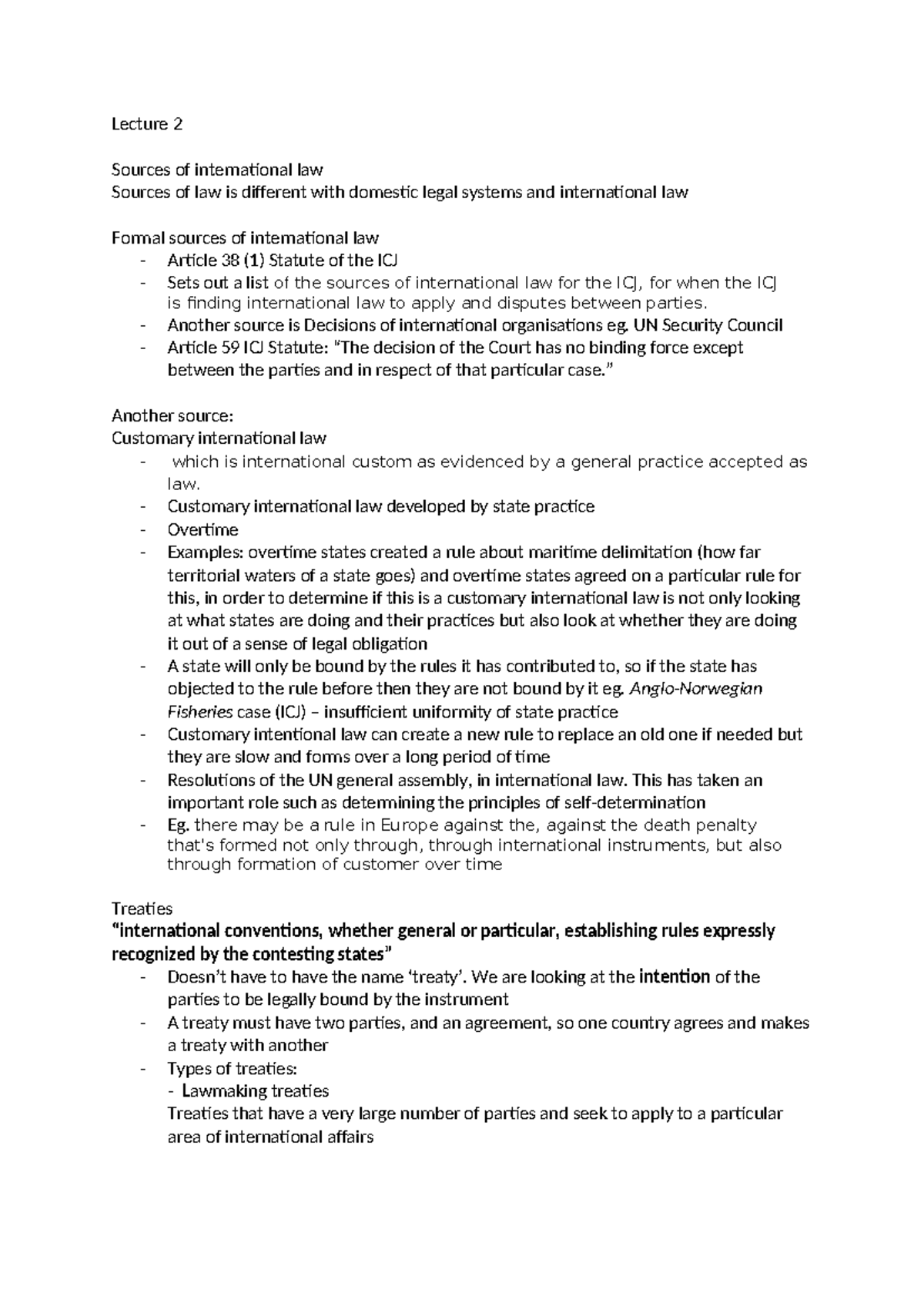 Lecture 2 - sources - notes - Lecture 2 Sources of international law ...