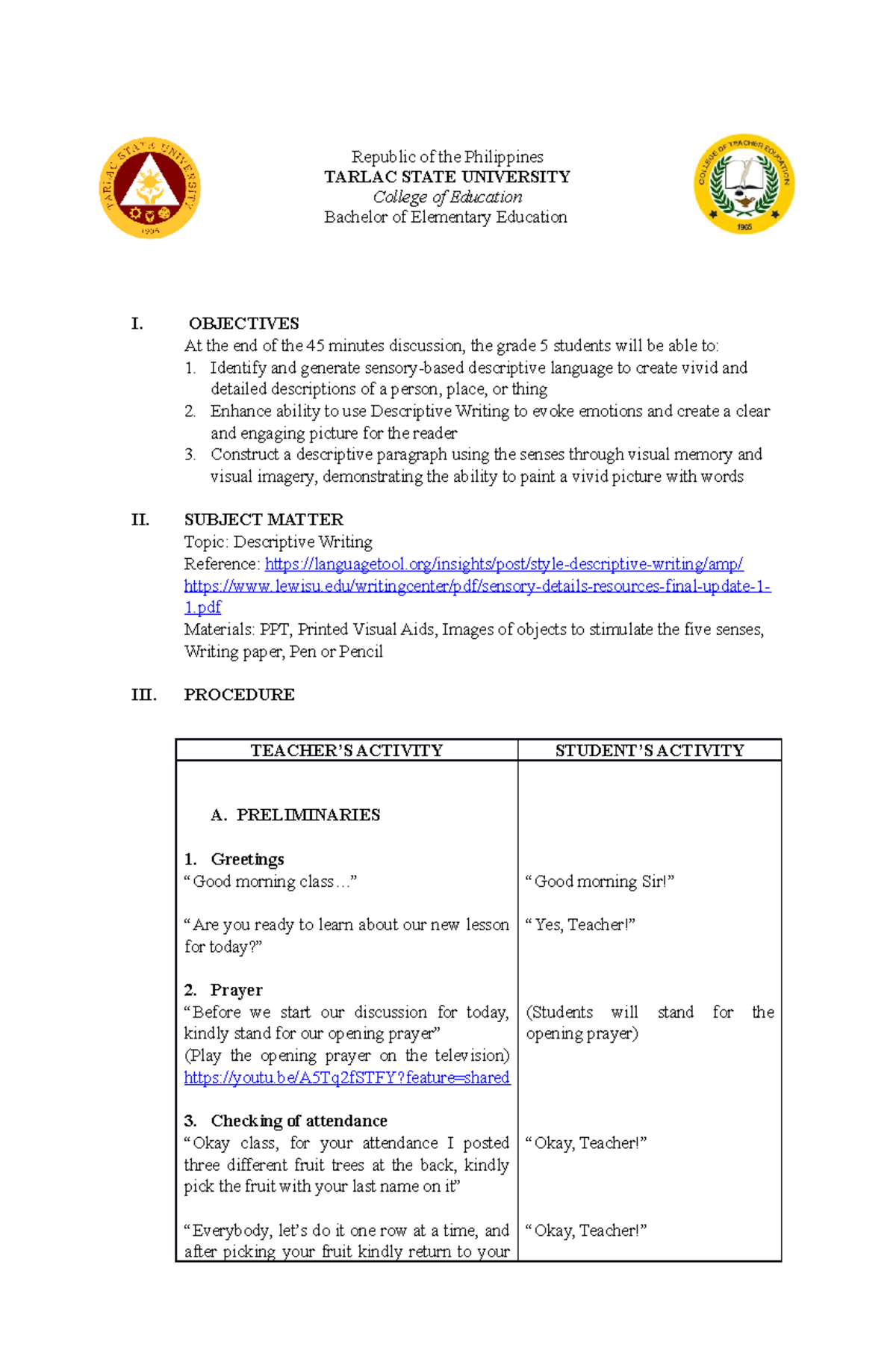 English DLP DESCRIPTIVE WRITING - Republic of the Philippines TARLAC ...