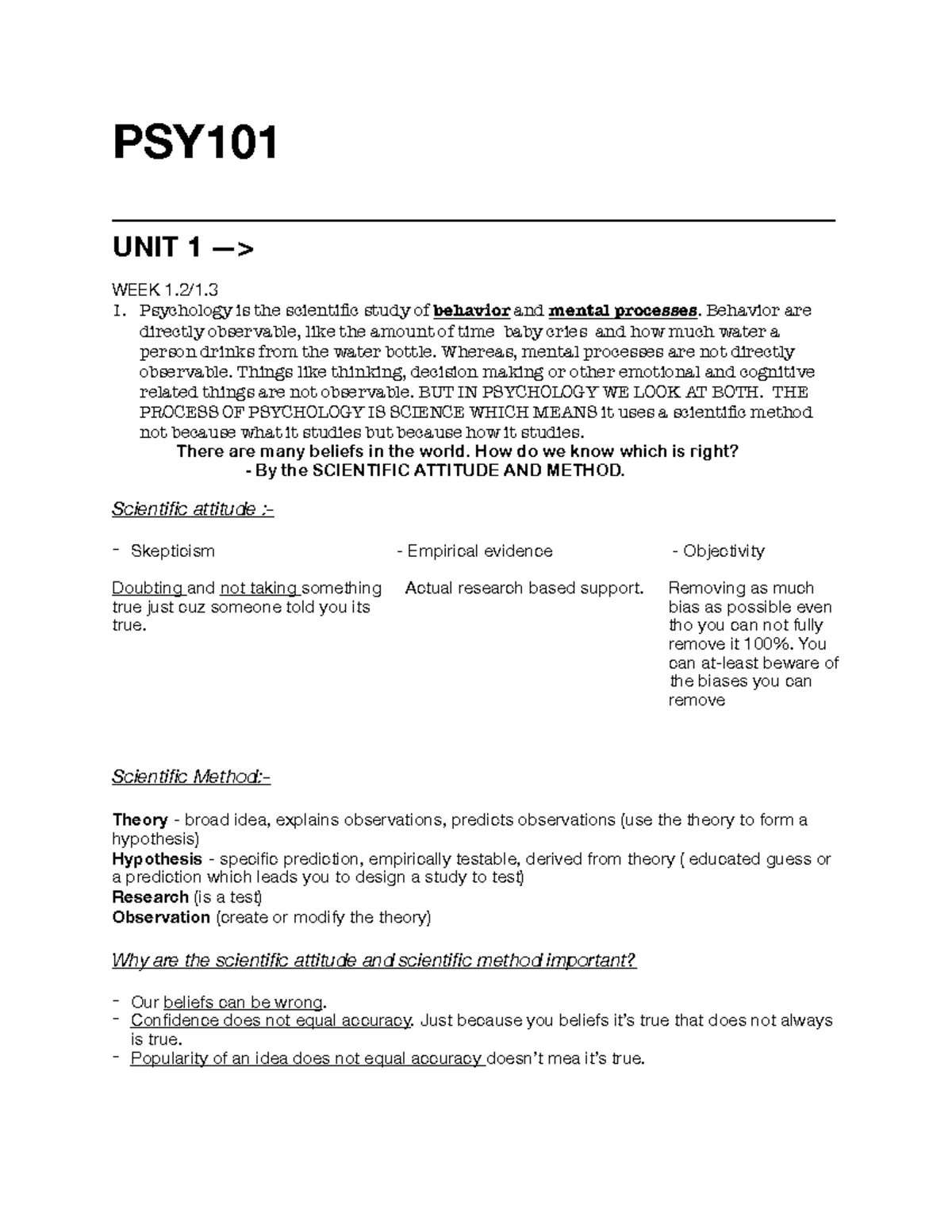 PSY101 - Class Notes - PSY _______________________________ UNIT 1 ...