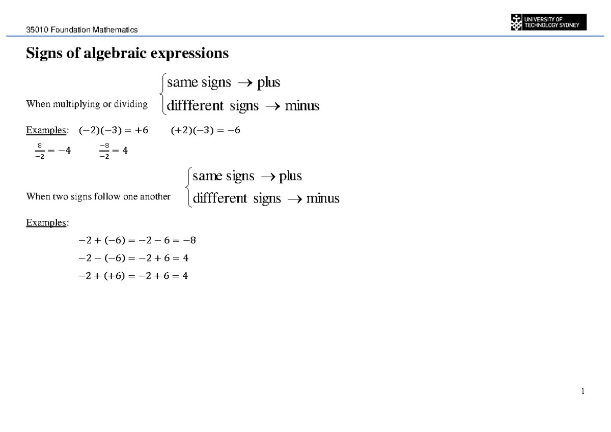 2023 Spring Algebra Revision - Signs of algebraic expressions When ...