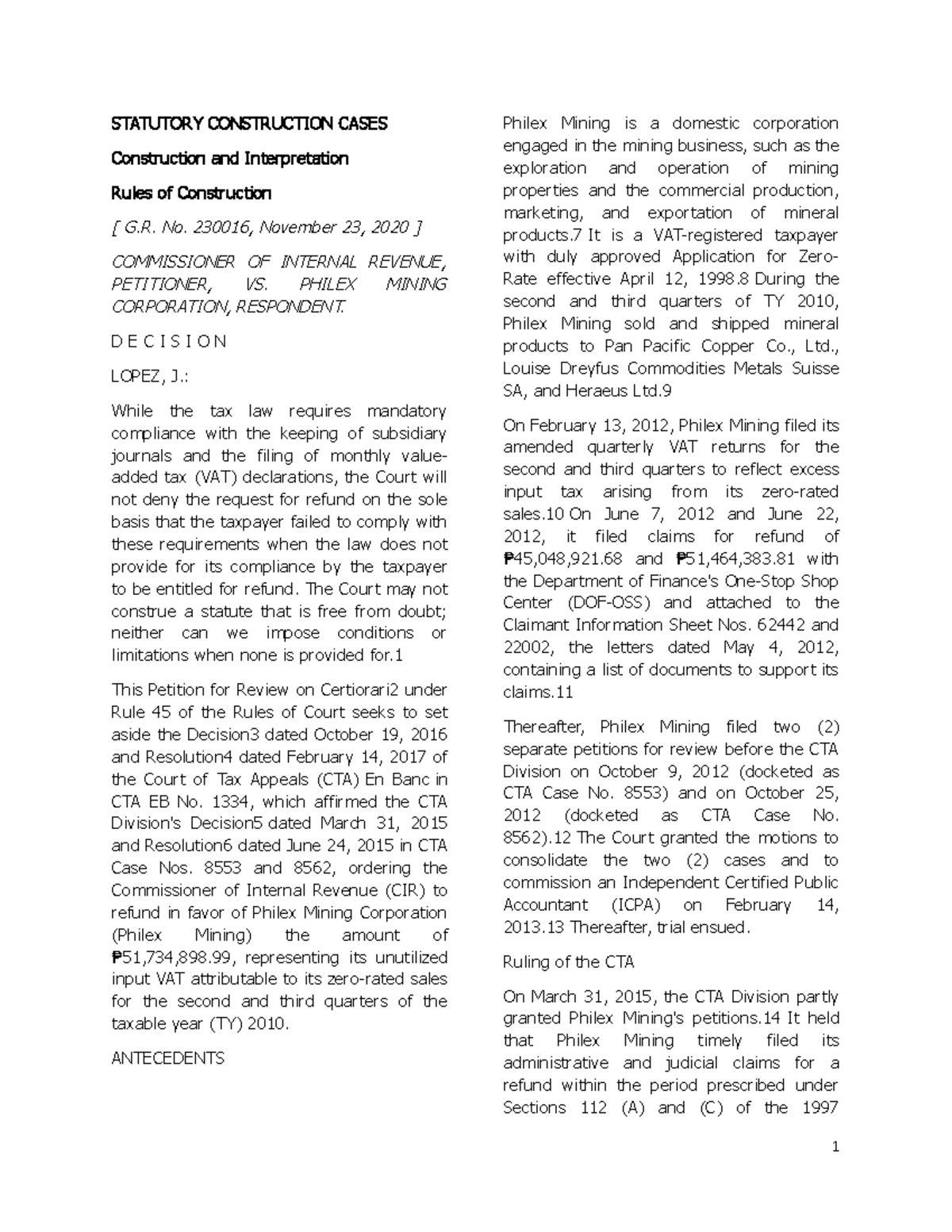 Statutory Construction Cases STATUTORY CONSTRUCTION CASES