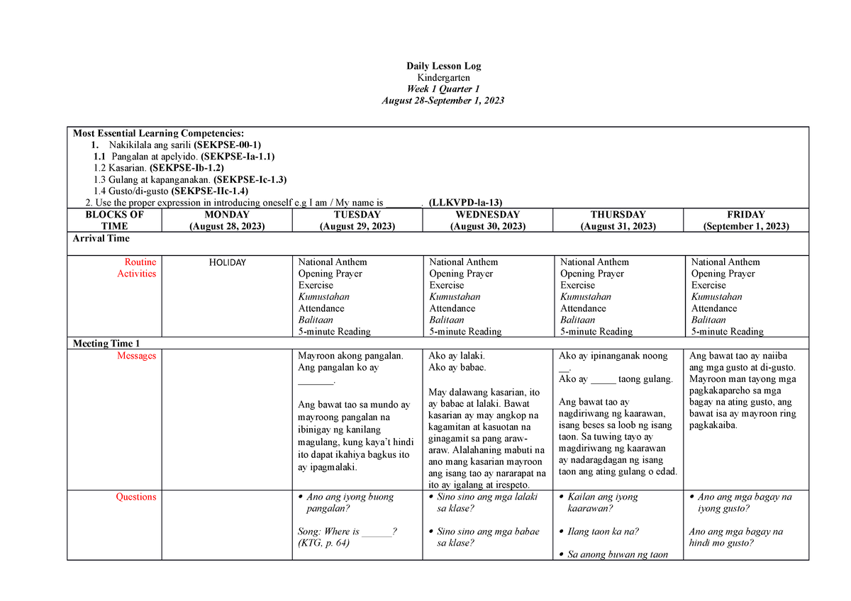 Week 1 - DLL - Daily Lesson Log Kindergarten Week 1 Quarter 1 August 28 ...