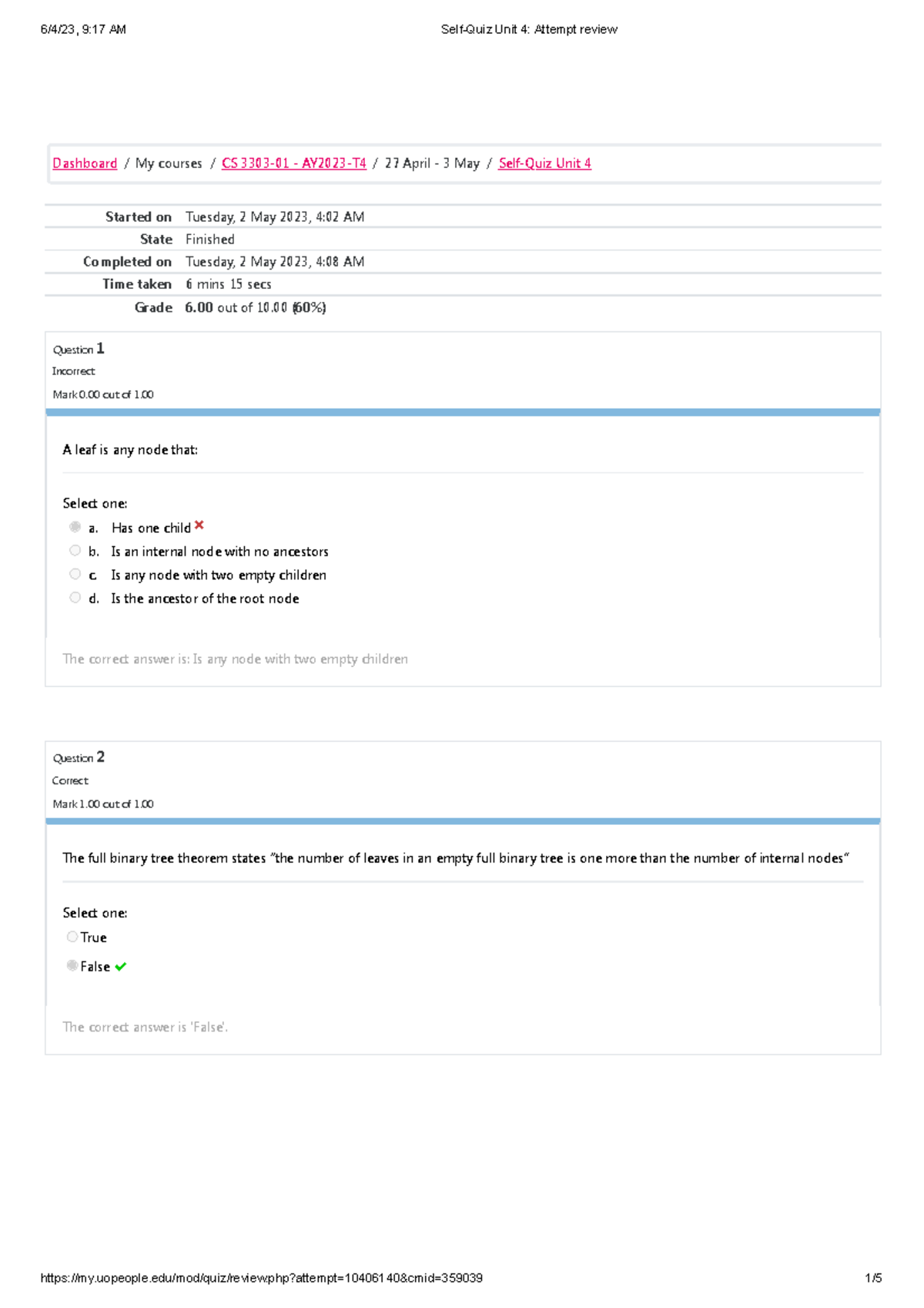 Self-Quiz Unit 4 Attempt Review - Started On Tuesday, 2 May 2023, 4:02 AM State Finished ...