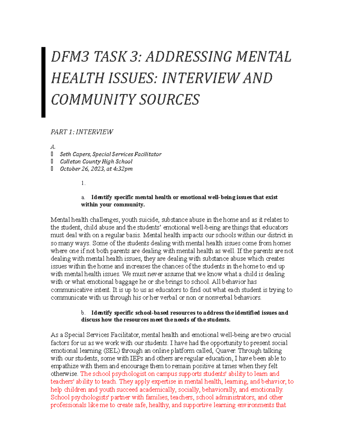 DFM3 TASK 3 Mental Health Interview - DFM3 TASK 3: ADDRESSING MENTAL ...