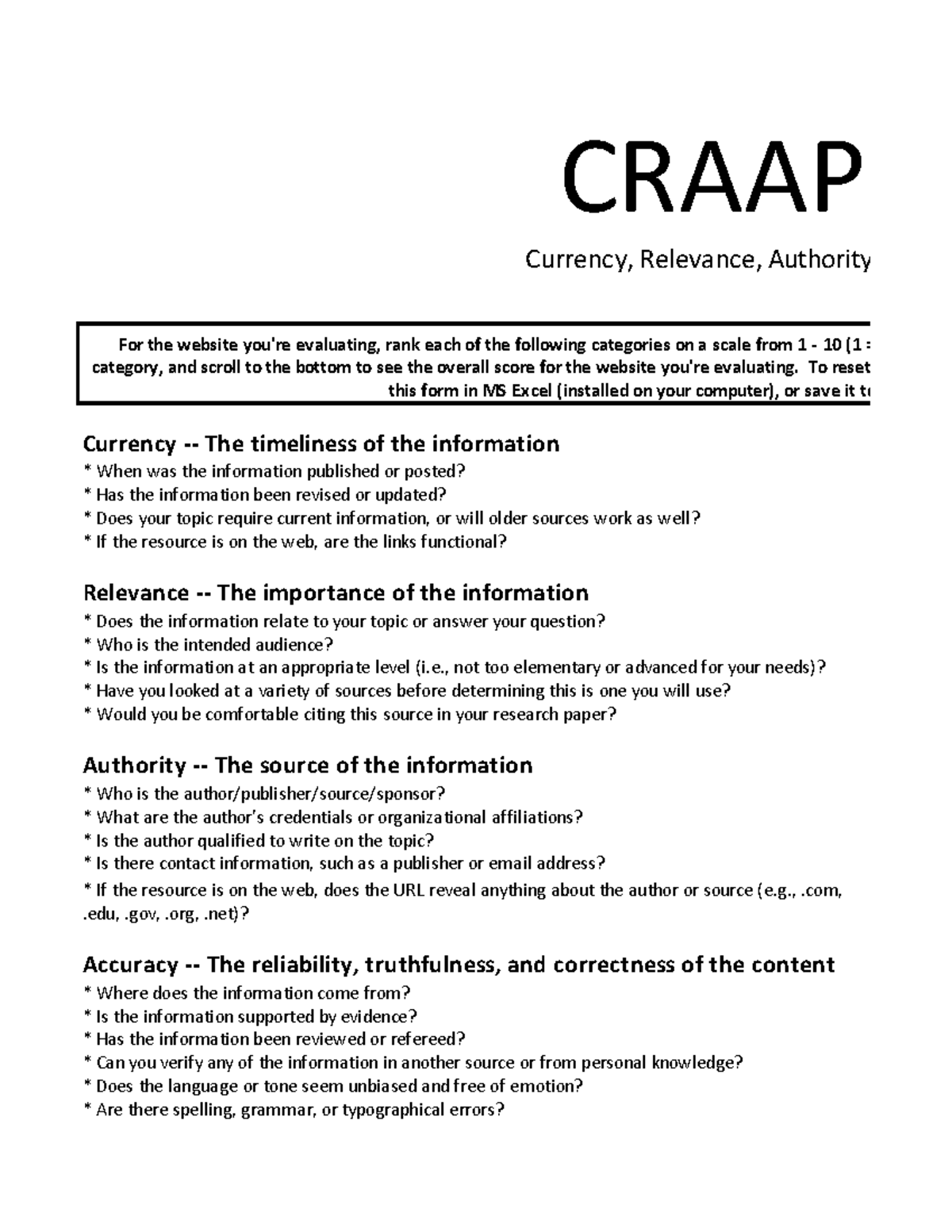 Craap - Informational Reading - Currency - The Timeliness Of The ...