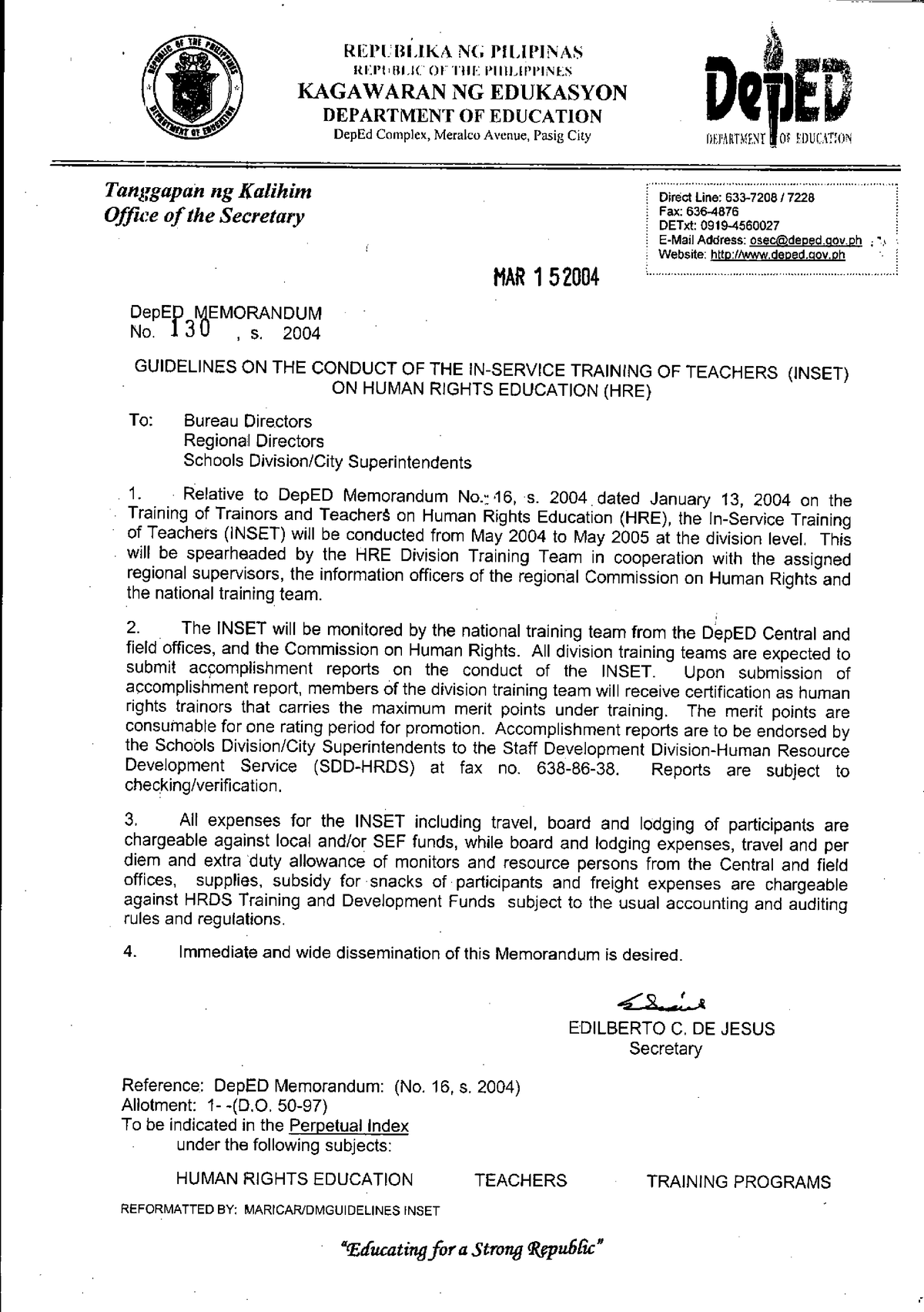 DM s2004 130 - DepEd Memo No. 130 s. 2014 - Bachelor of Elementary ...