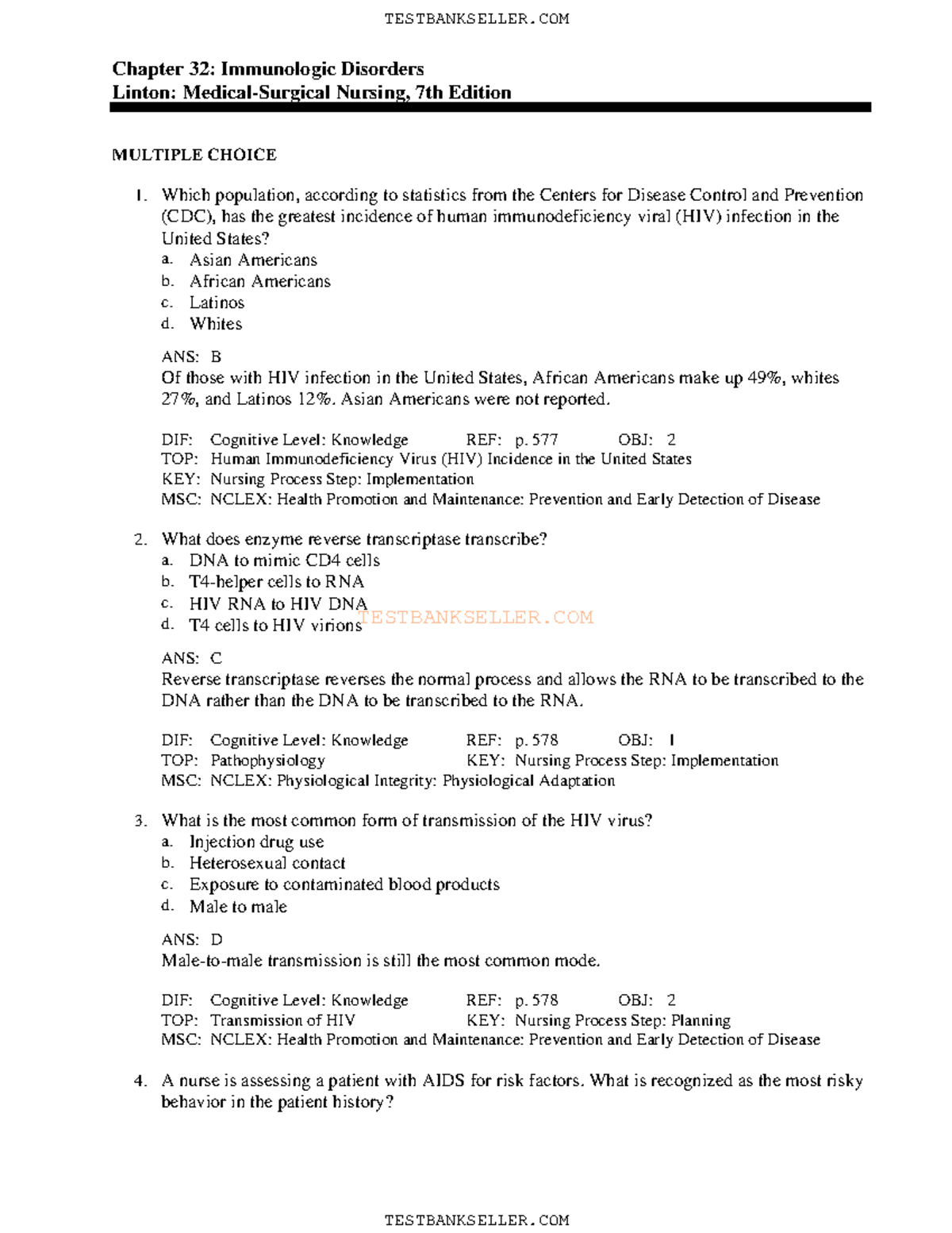 32 Nursing TESTBANKSELLER Chapter 32 Immunologic Disorders Linton