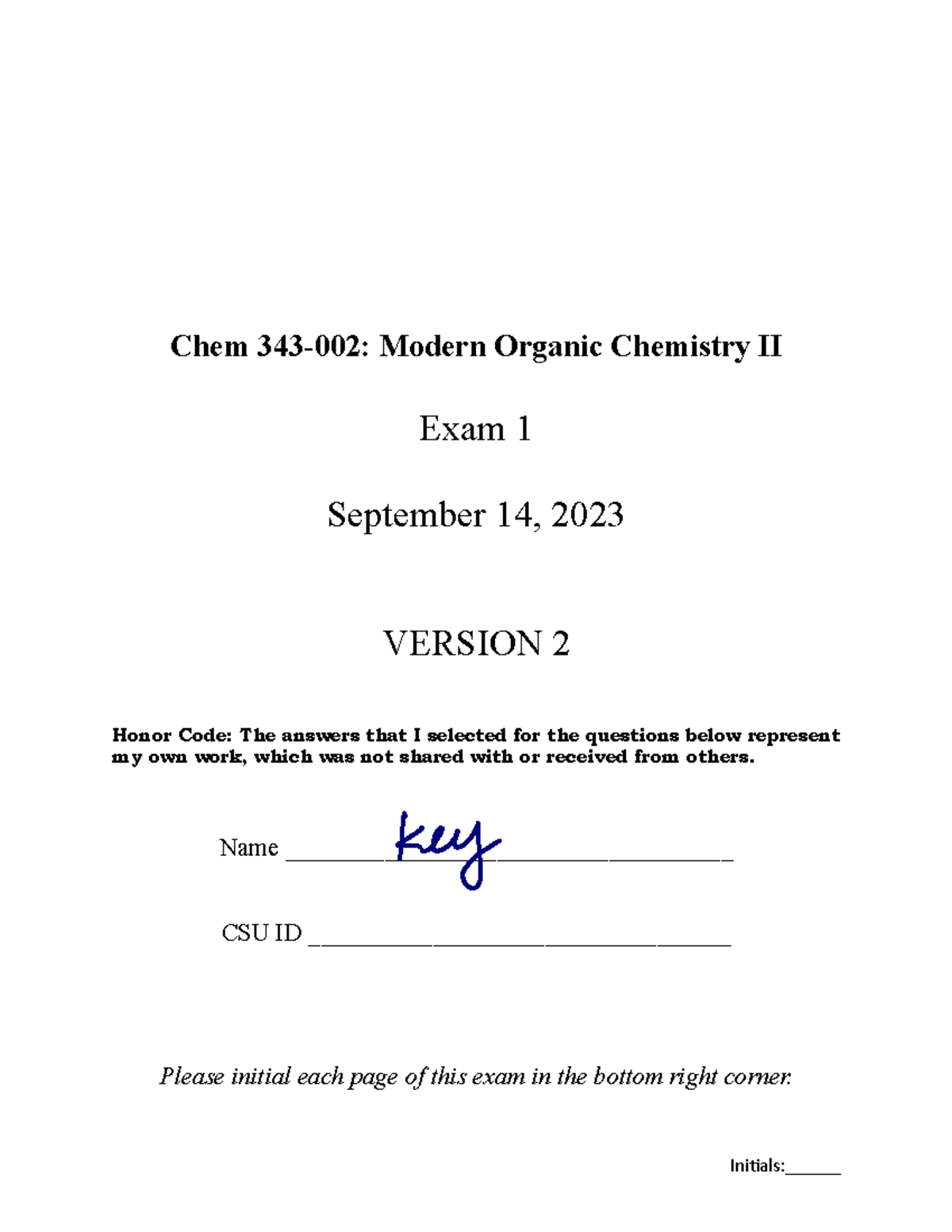 CHEM 343 exam 1 version 2 2023 - Chem 343-002: Modern Organic Chemistry ...
