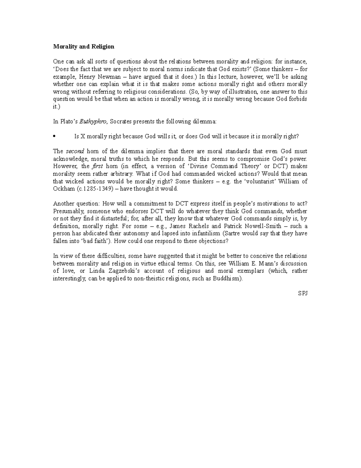 Lecture handout Morality and Religion Morality and Religion One can