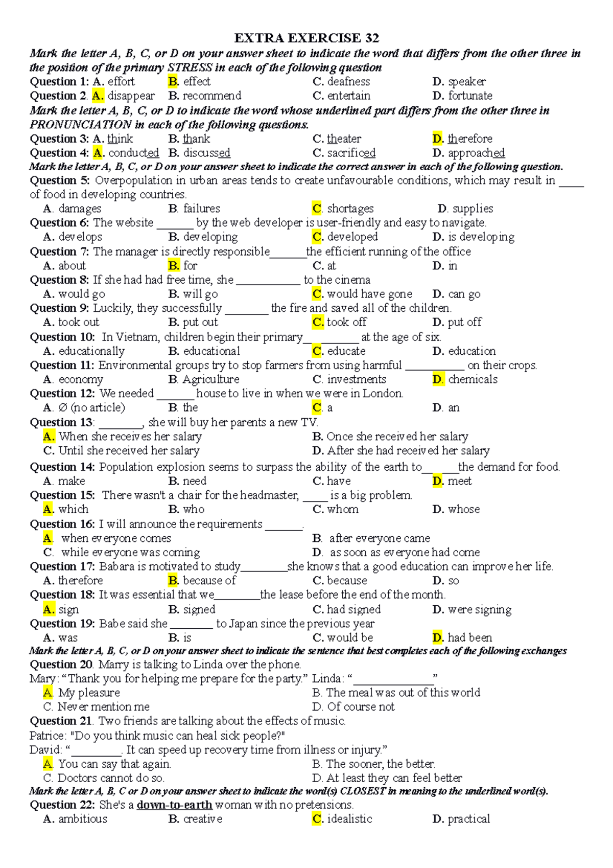 BUỔI 32 - ...... - EXTRA EXERCISE 32 Mark The Letter A, B, C, Or D On ...