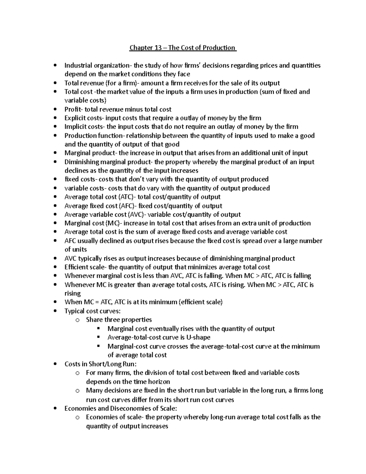Micro Chapter 13 notes - Chapter 13 – The Cost of Producion Industrial ...