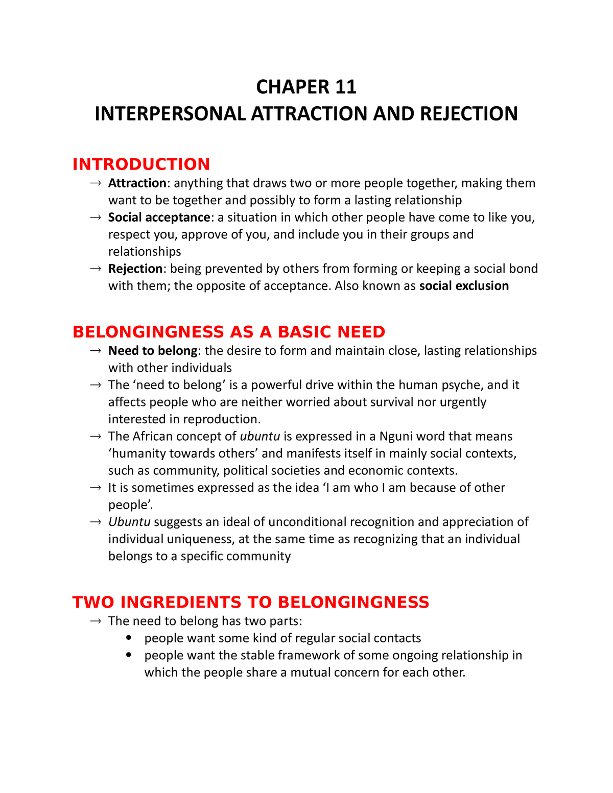 SLK 210 CHAPTER 11 Notes - CHAPER 11 INTERPERSONAL ATTRACTION AND ...