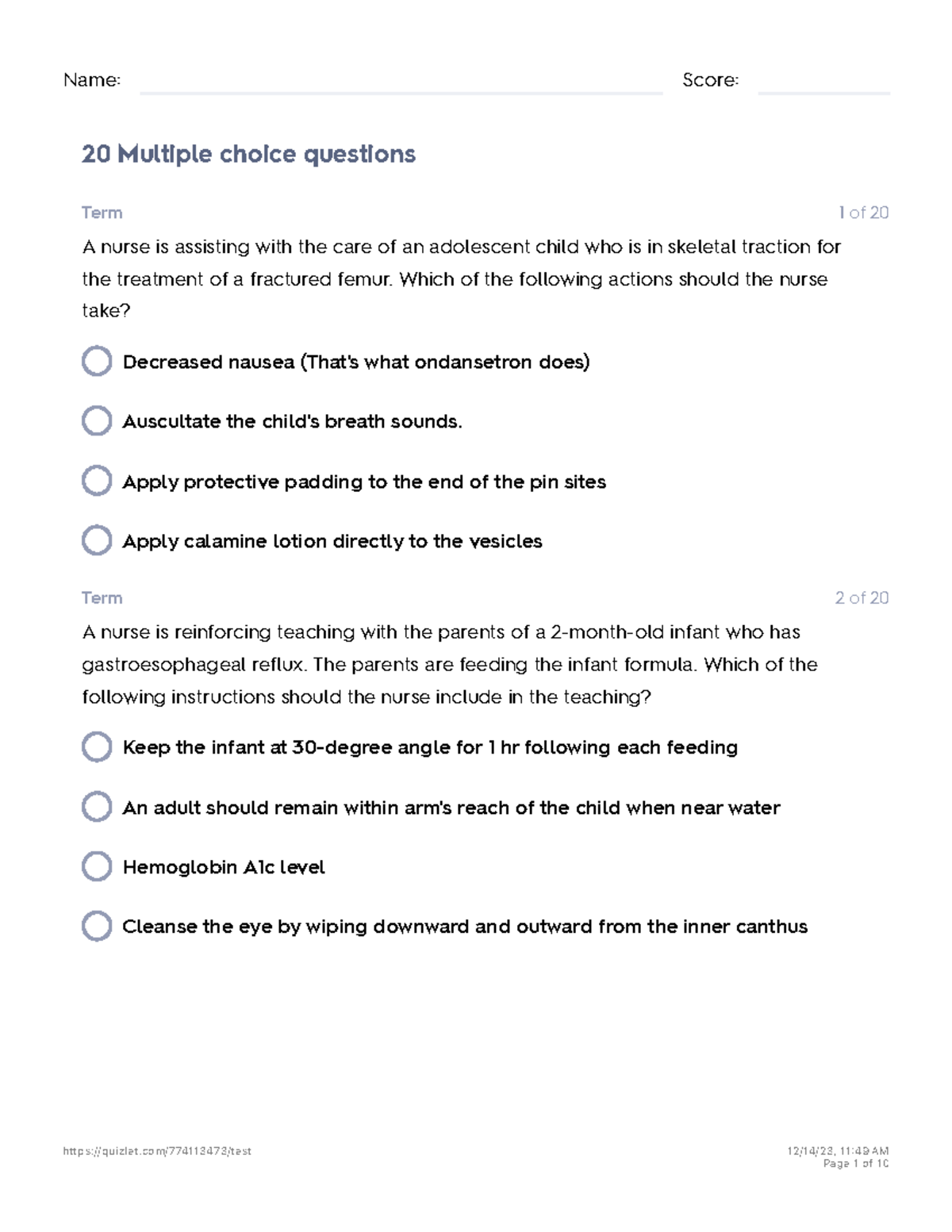 Peds CMS Quizlet Maternity Name Score 20 Multiple choice