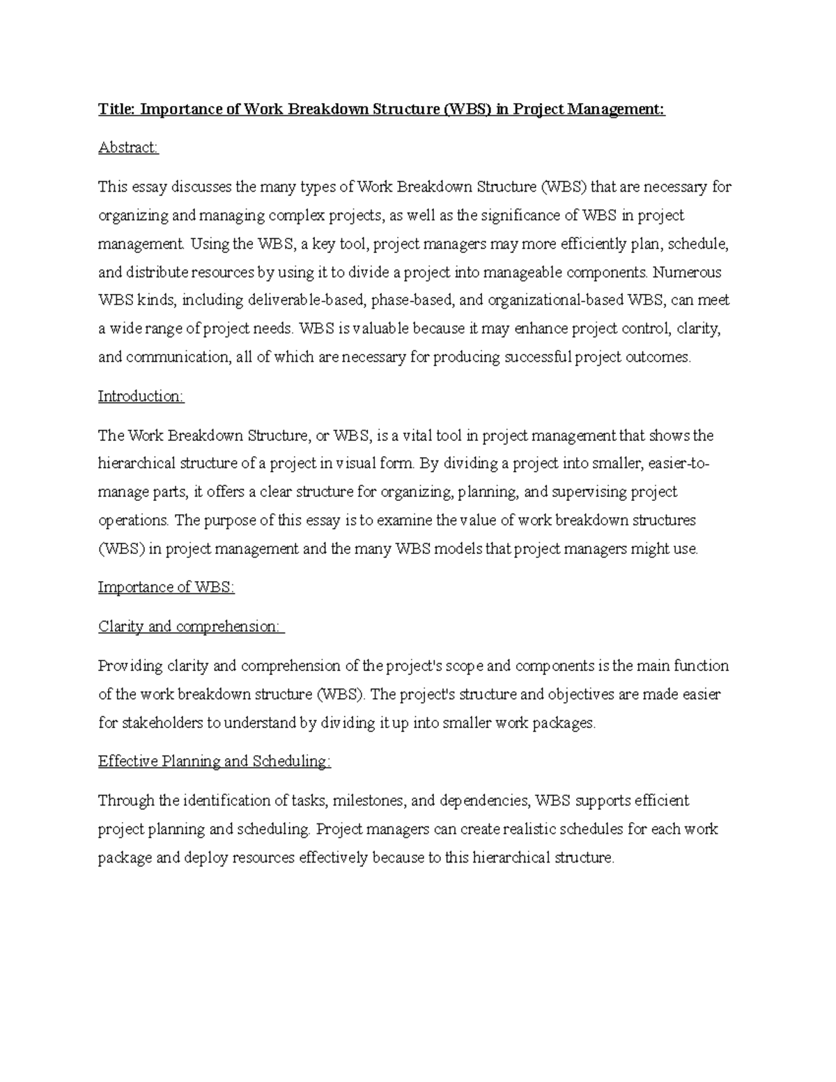 Week3 Project Management - Title: Importance of Work Breakdown ...