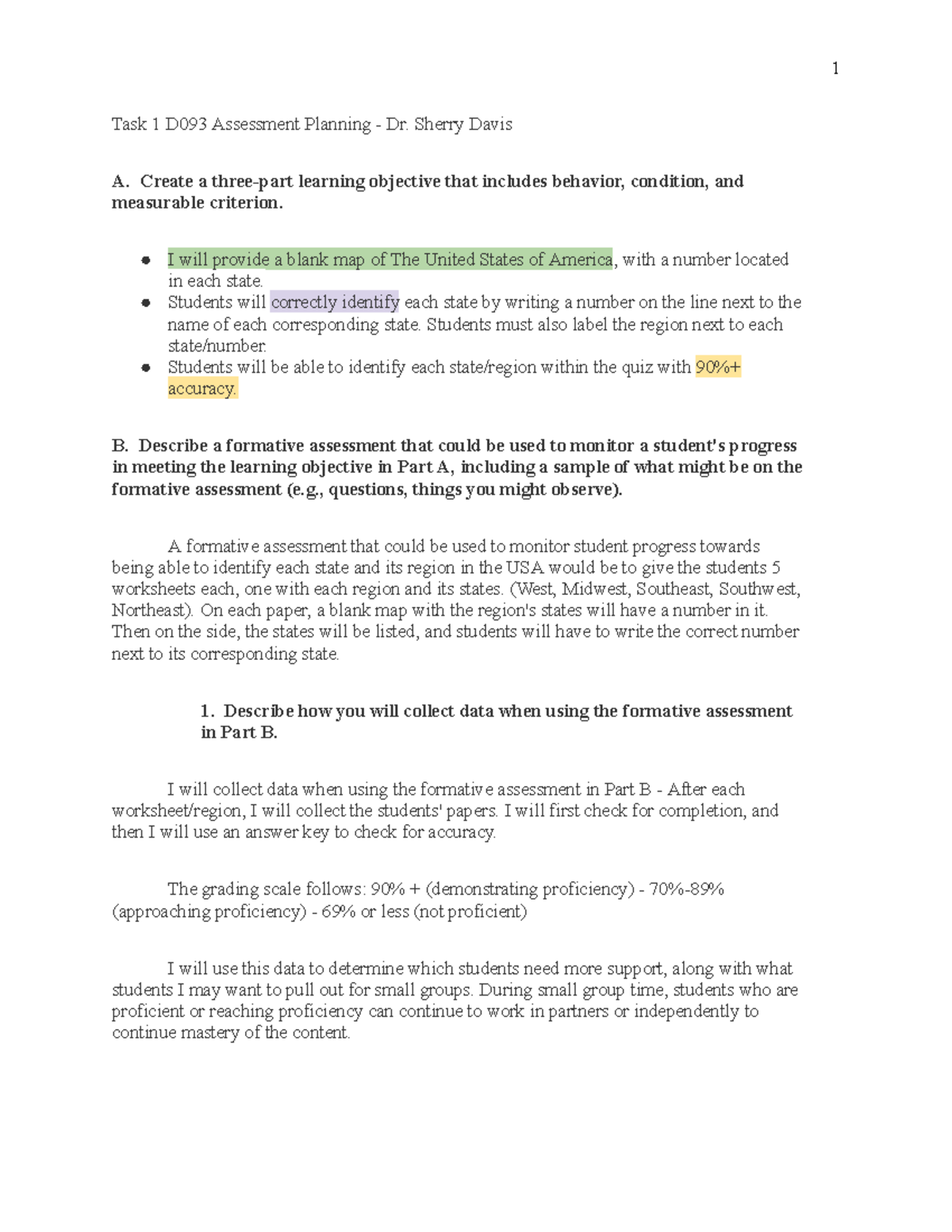 Task 1 - D093 - Assessment Planning - Sherry Davis A. Create A Three ...