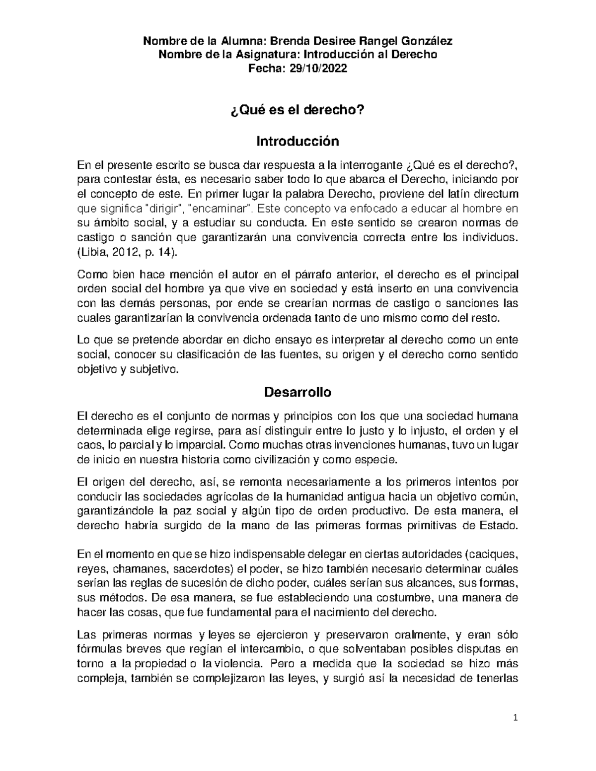 Ensayo que es el derecho - Nombre de la Asignatura: Introducción al ...