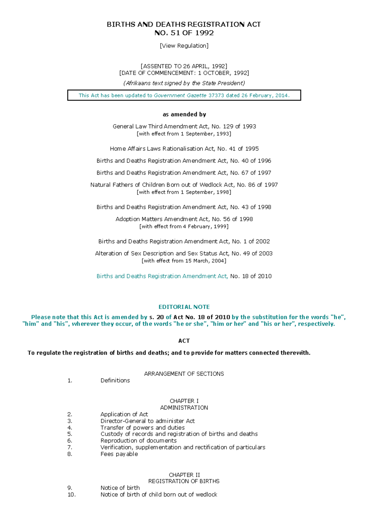 Births and Deaths Registration Act, No. 51 of 1992 - BIRTHS AND DEATHS ...