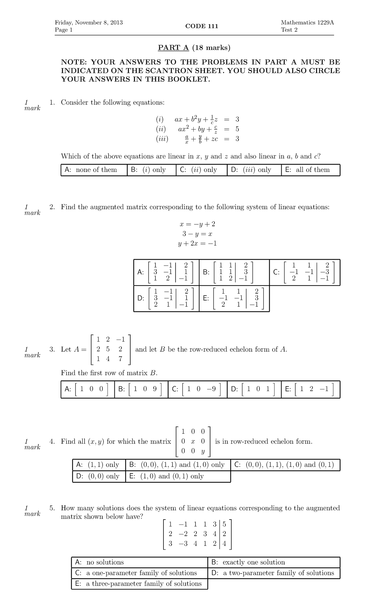 Test 2 4 April 2014, questions - Friday, November 8, 2013 Page 1 CODE ...