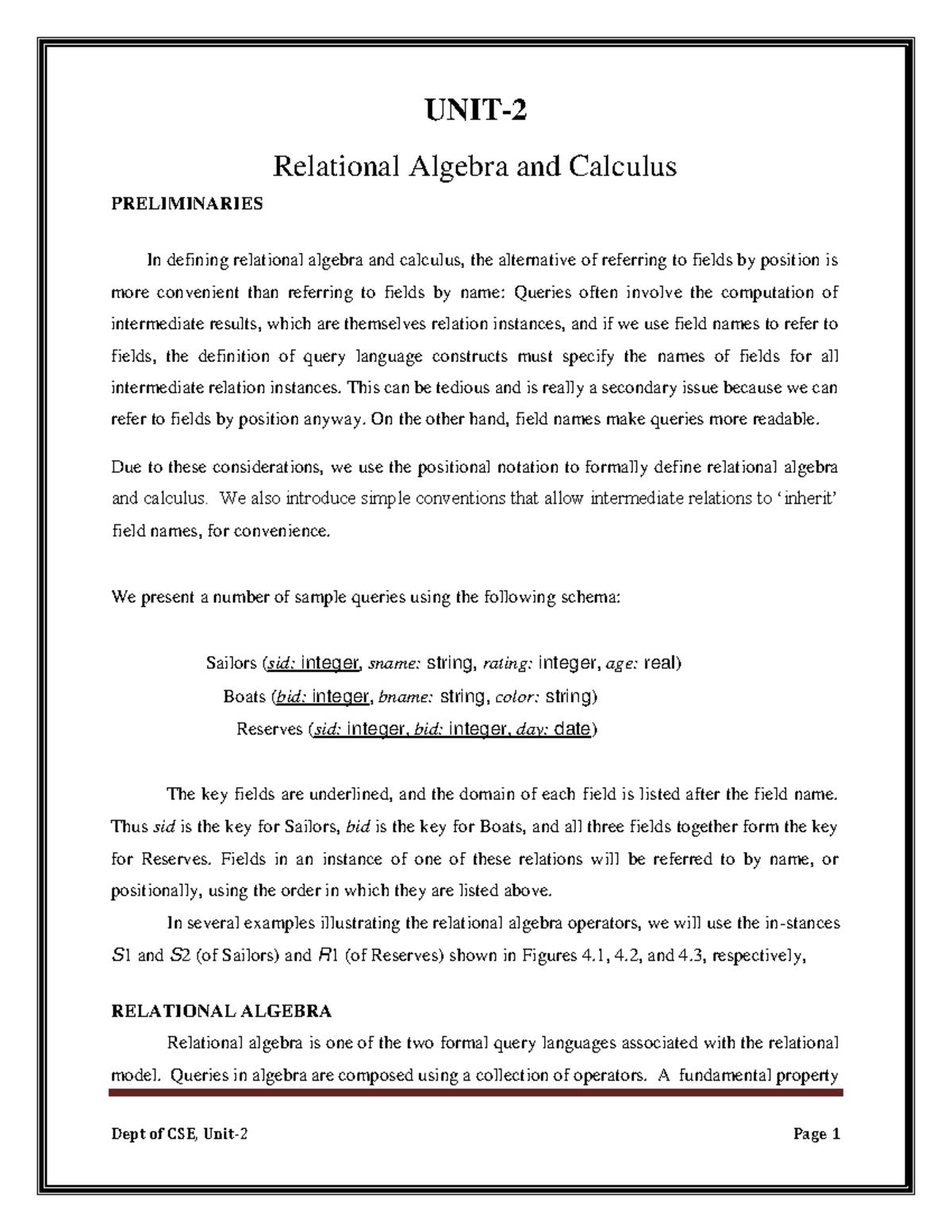 Modify DBS UNIT-2notes - UNIT- 2 Relational Algebra and Calculus ...