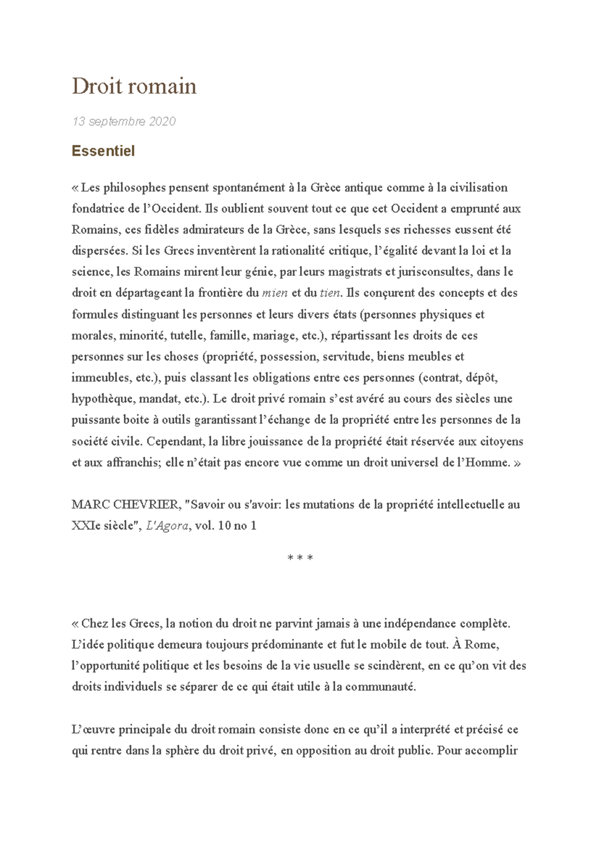 Récapitulatifs des droits romains et des institutions romaines - Droit ...
