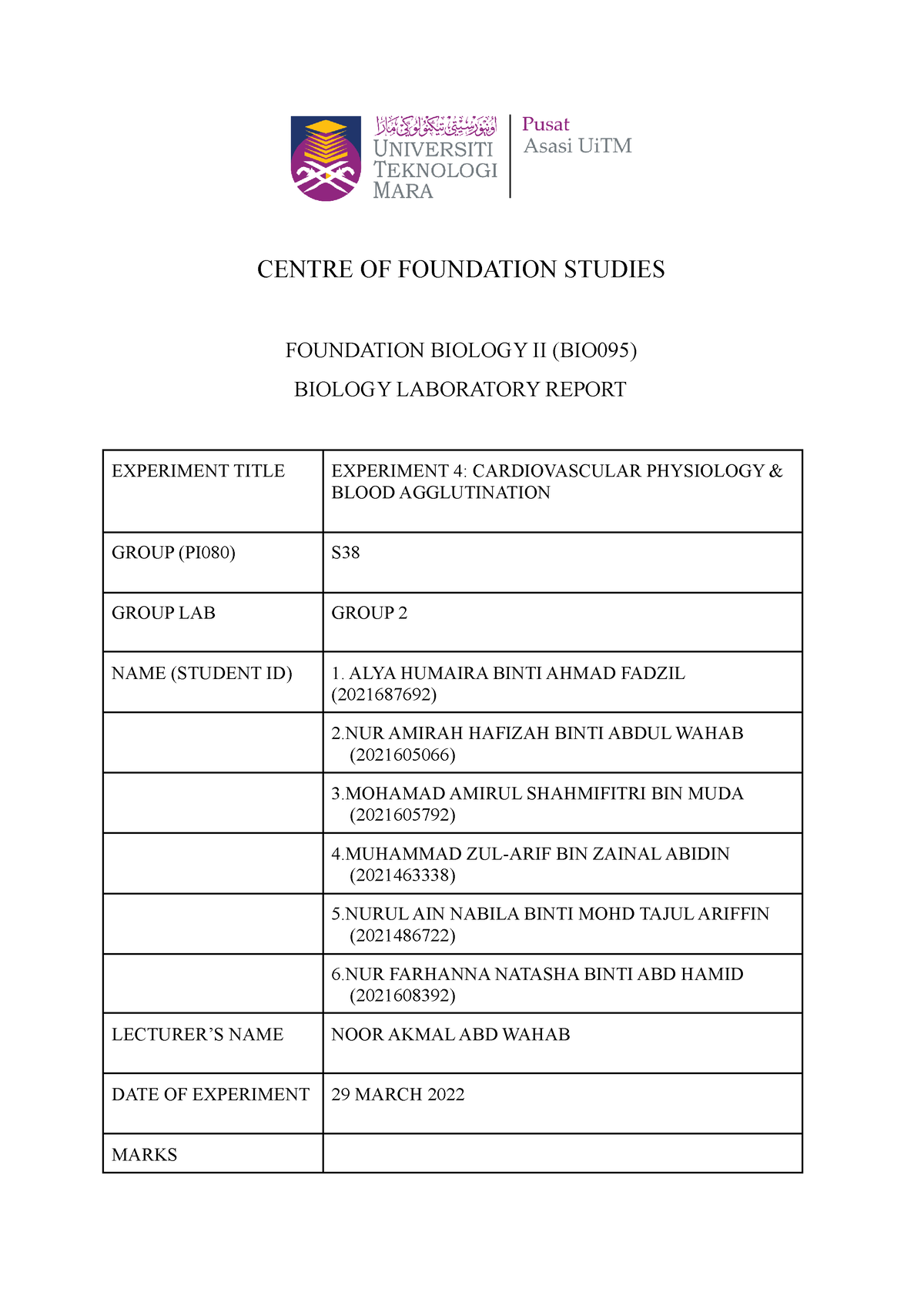 LAB Report Experiment 4 BIO095 - CENTRE OF FOUNDATION STUDIES ...