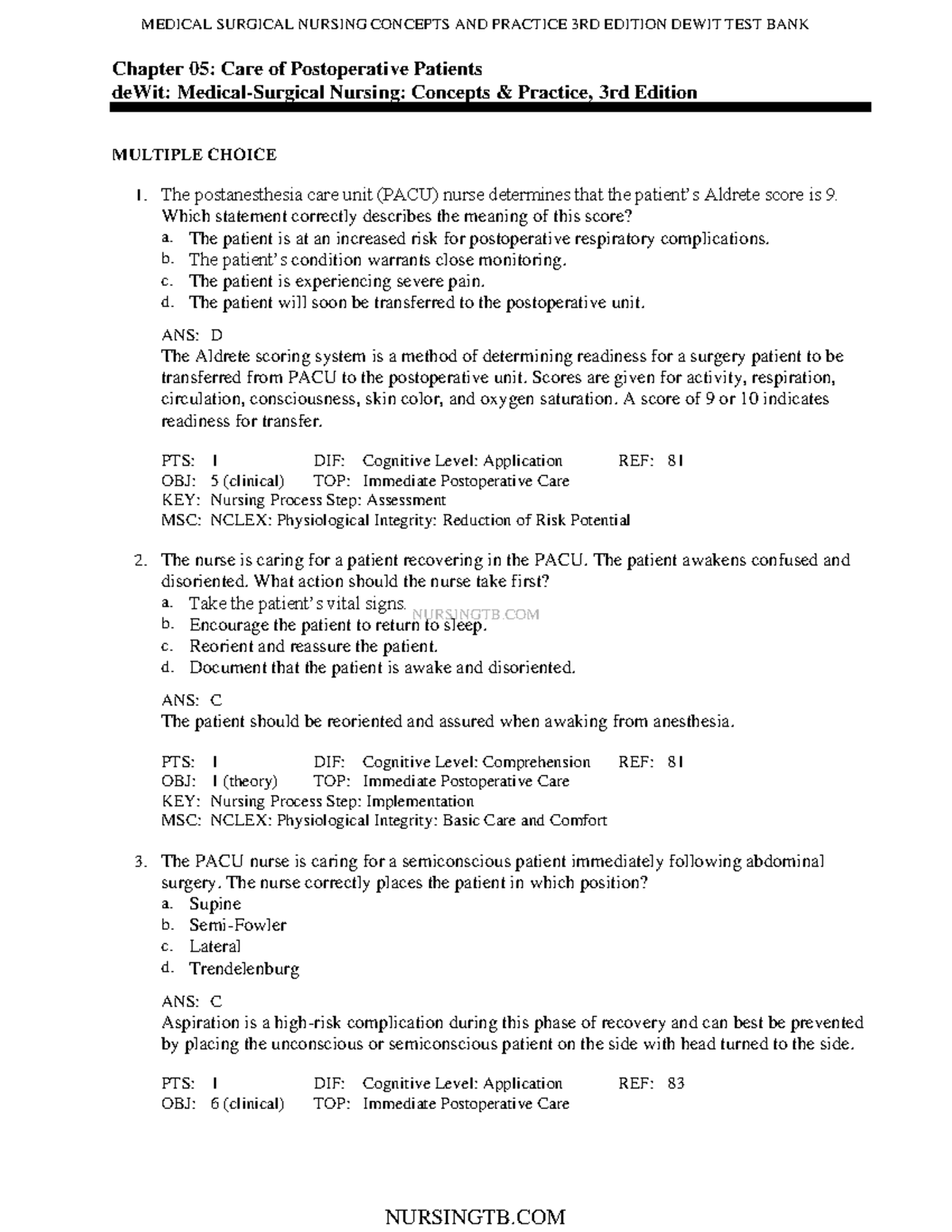 Practice questions - NURSINGTB Chapter 05: Care of Postoperative ...