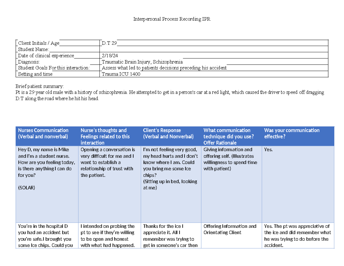 IPR - Inter - Interpersonal Process Recording IPR Client Initials / Age ...