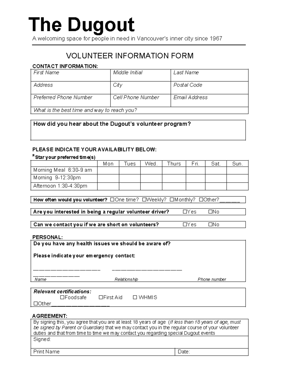 The Dugout Volunteer Information Form+2021 - The Dugout A welcoming ...