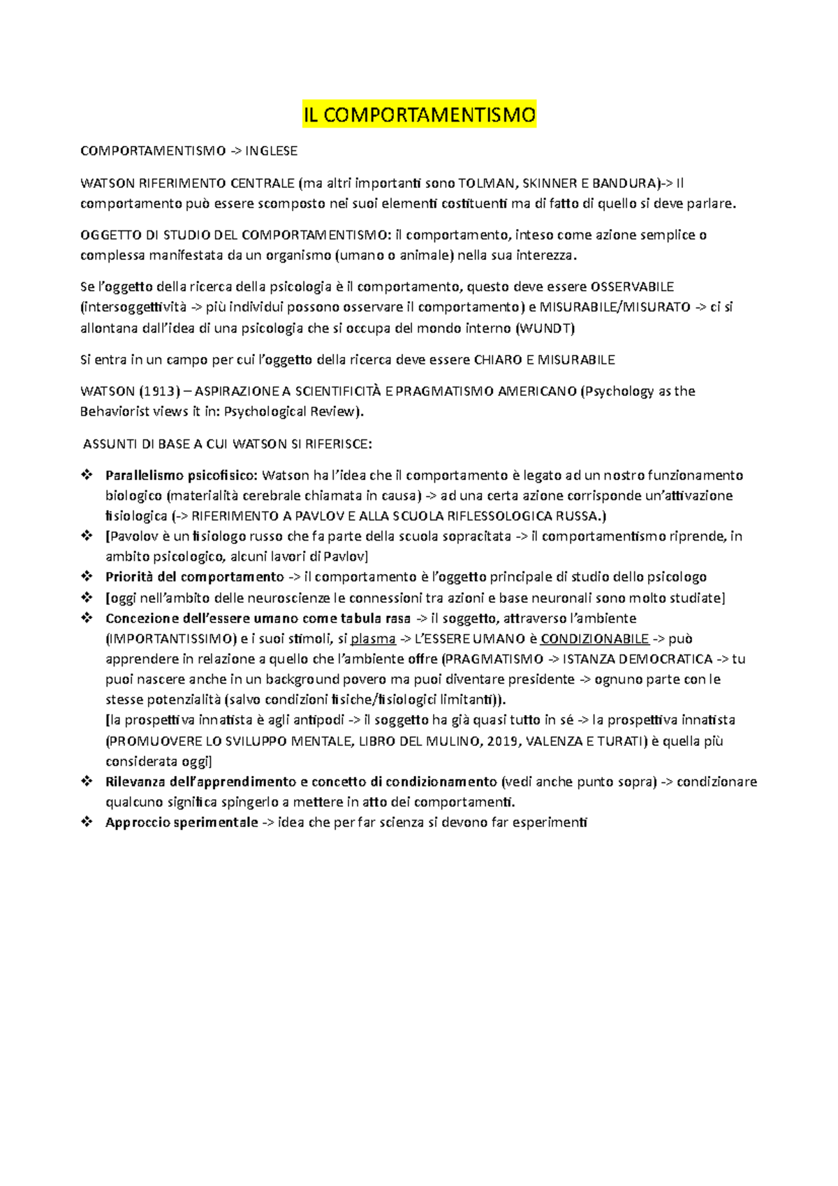 Comportamentismo, Watson e gli assunti di base della teoria