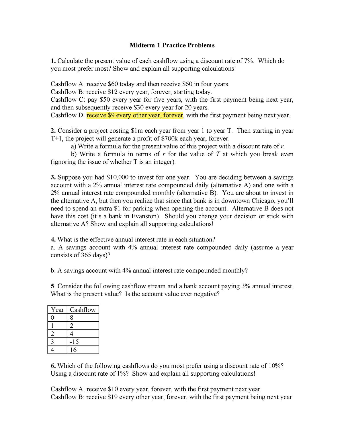 Midterm 1 Practice - Midterm 1 Practice Problems Calculate The Present ...