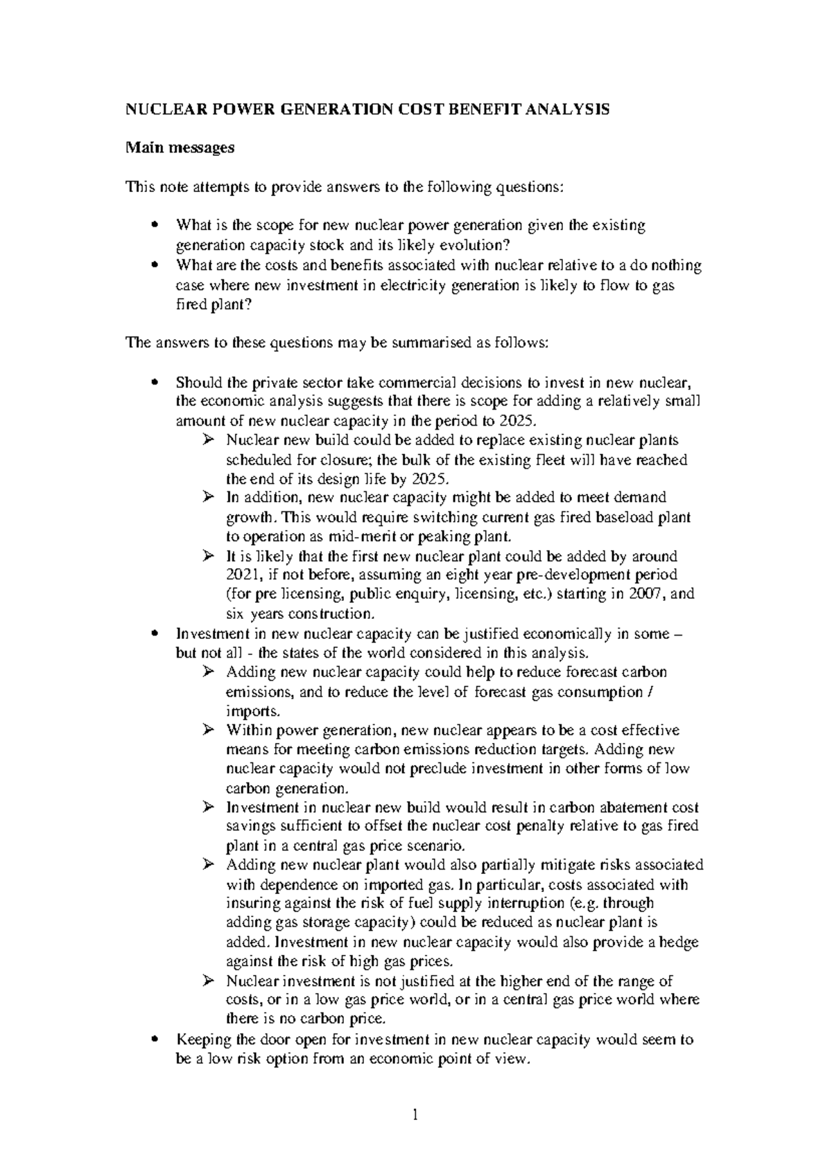 CBA and Nuclear power - Lecture notes 1 - NUCLEAR POWER GENERATION COST ...