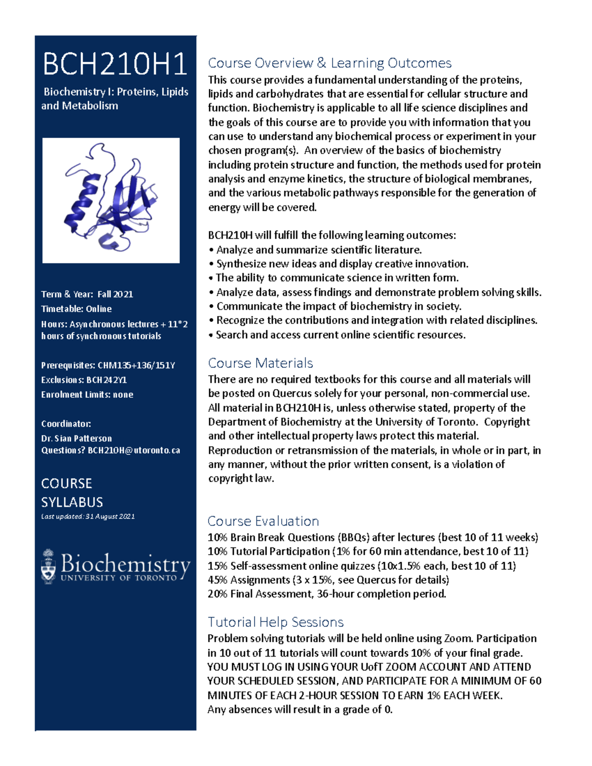 Bch210hsyllabusfall Bch210h Biochemistry I Proteins Lipids And Metabolism Term And Year 7717