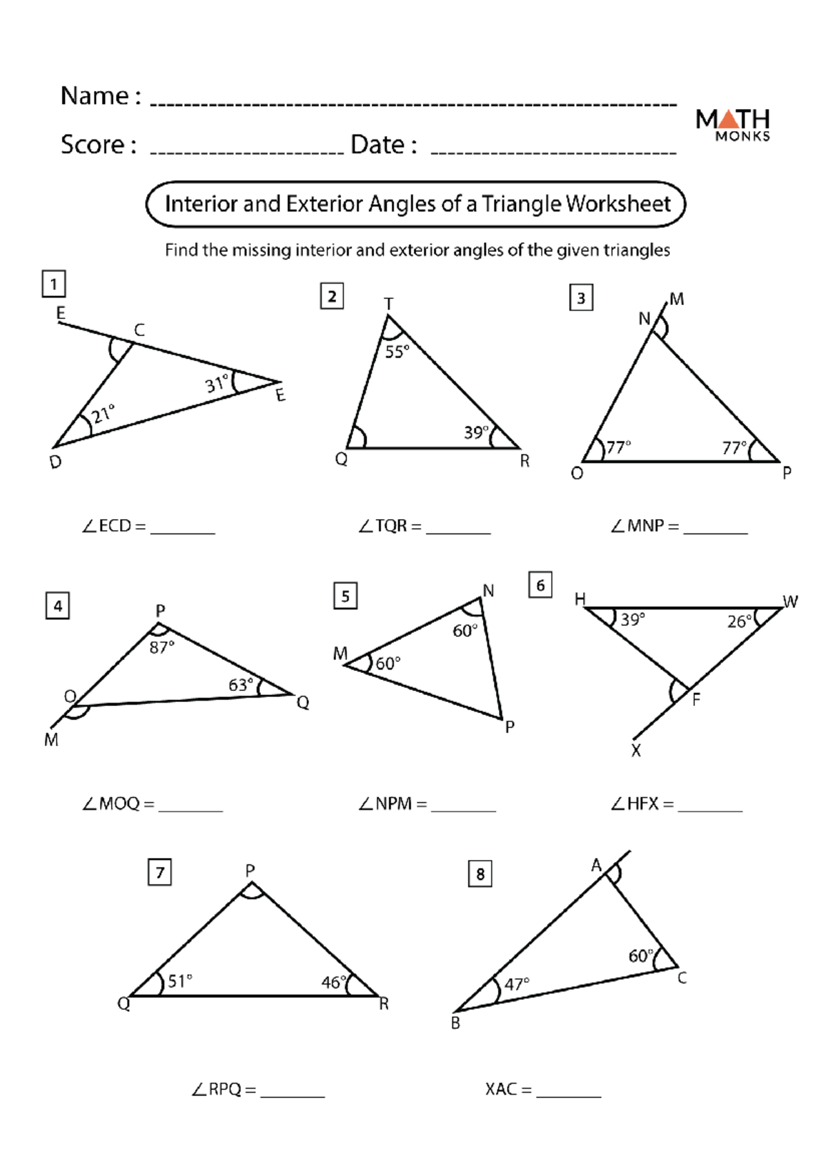 Interior and Exterior Angles of a Triangle Worksheet - 025300 - Studocu