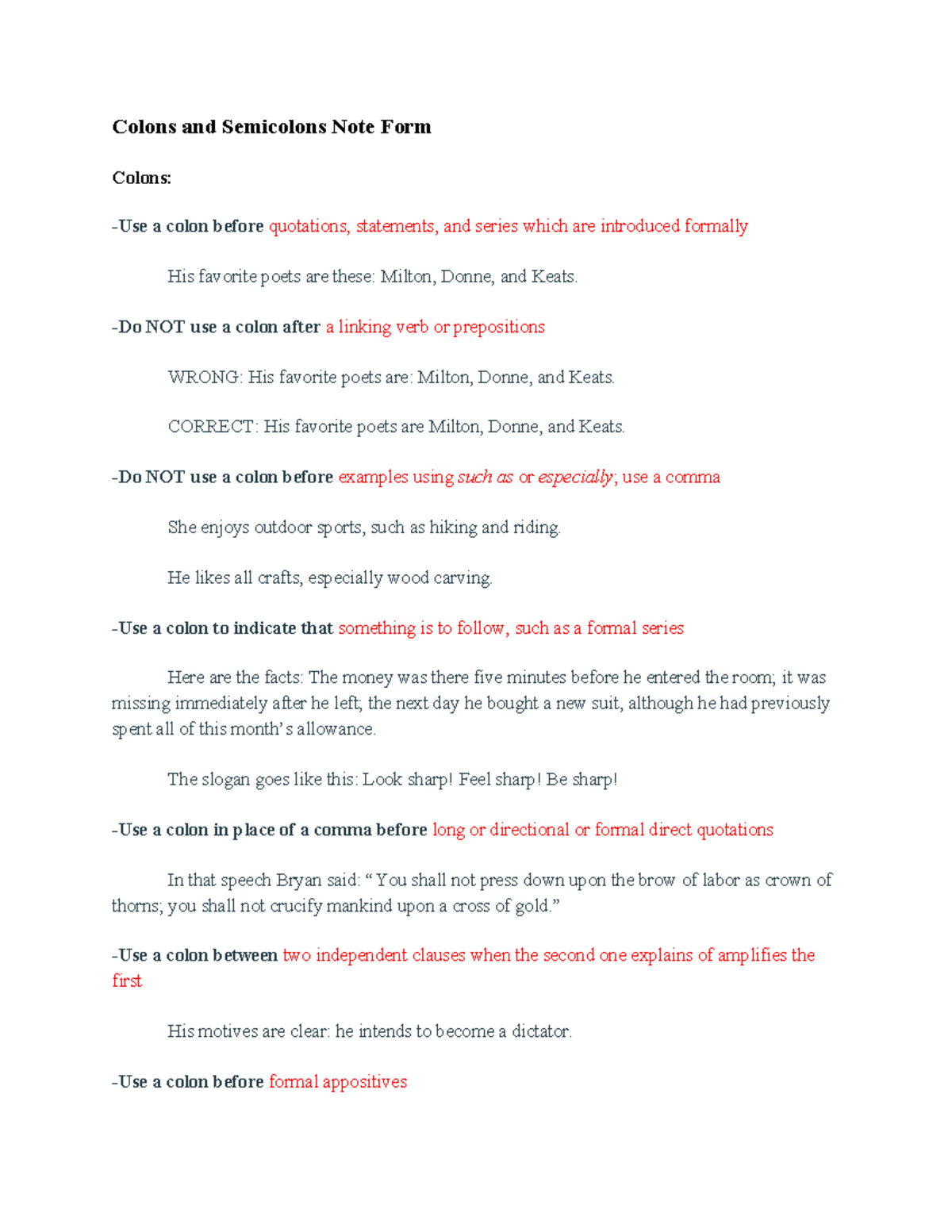 Colons and Semicolons Note Form - Colons and Semicolons Note Form ...