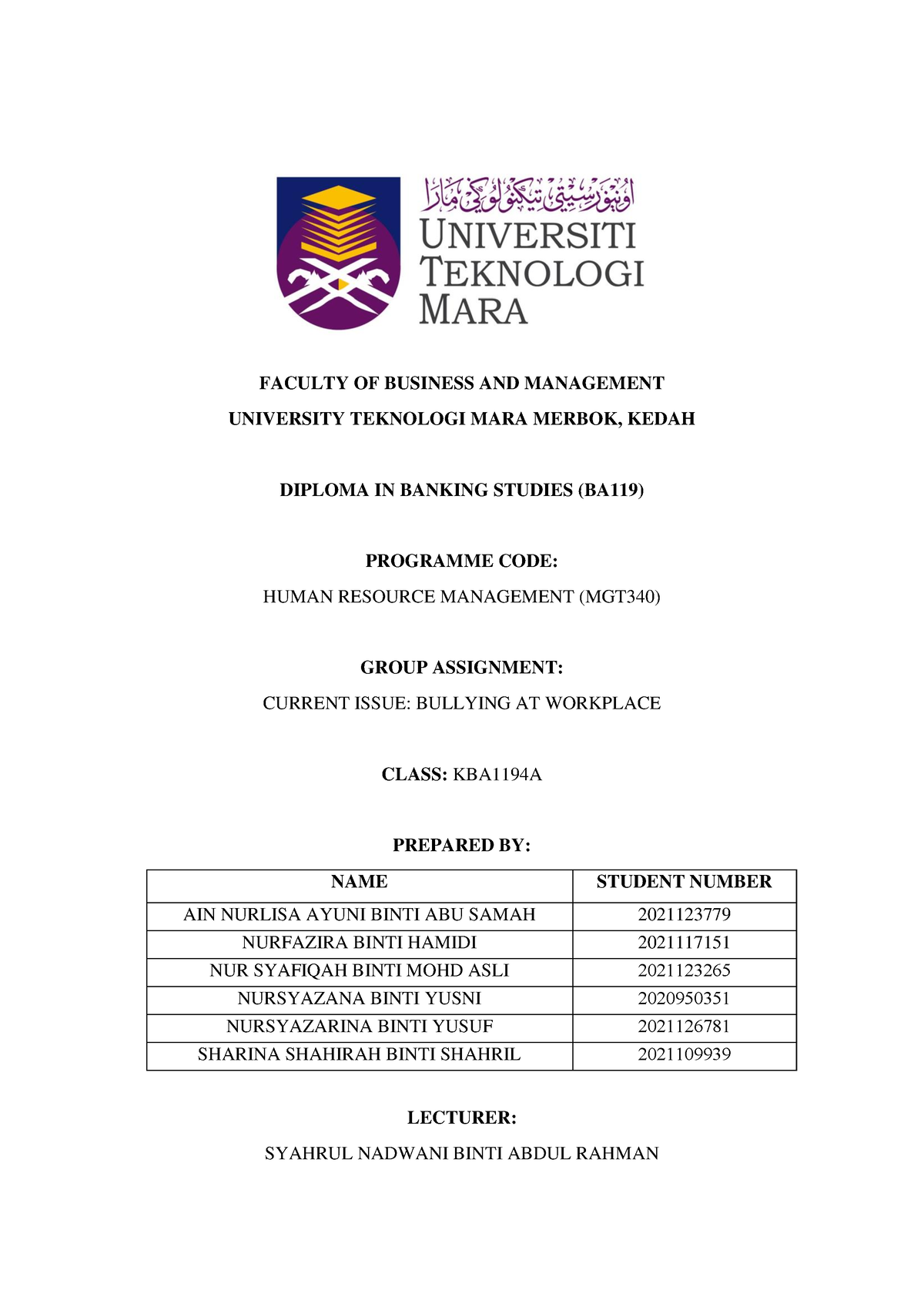 Group Assignment MGT340 - FACULTY OF BUSINESS AND MANAGEMENT UNIVERSITY ...