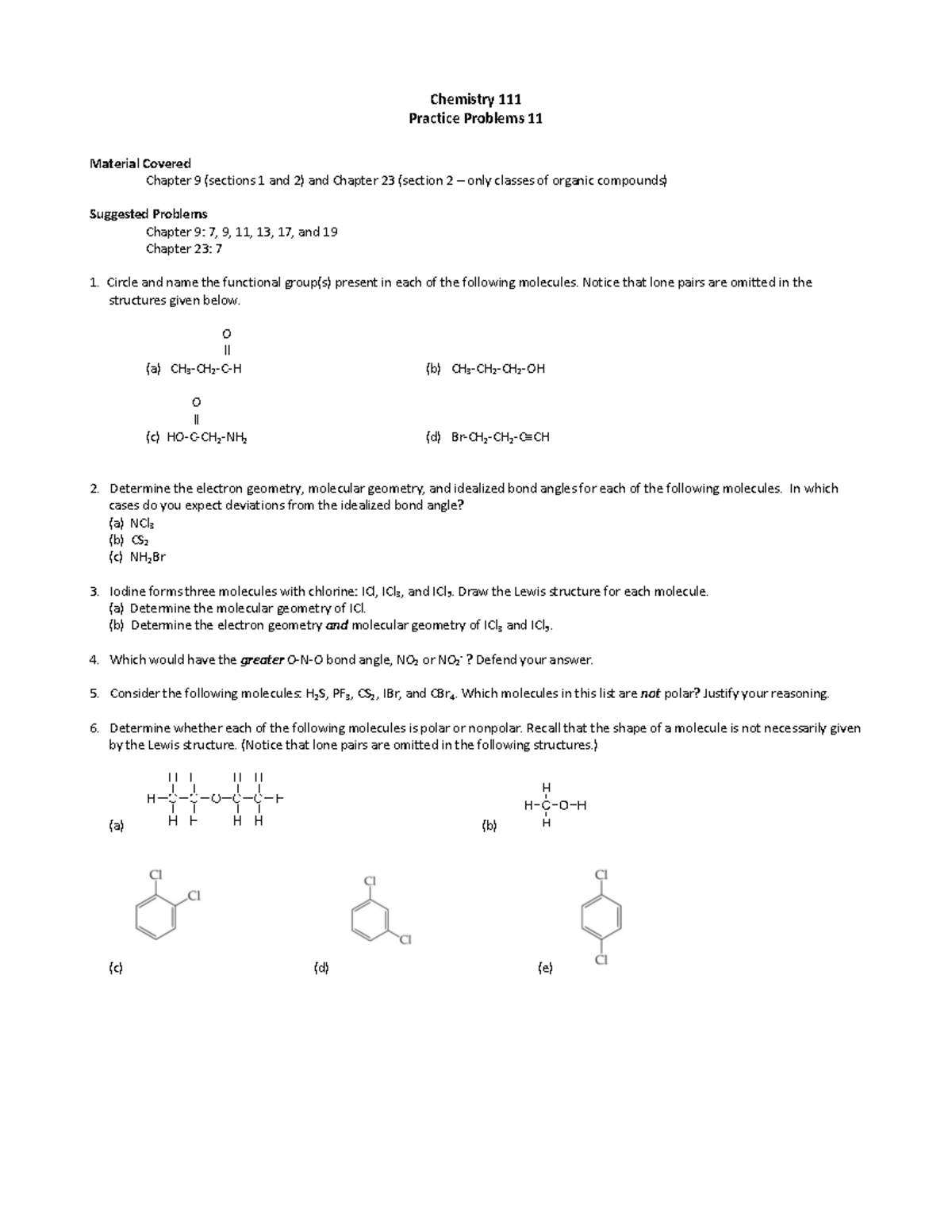 Practice Problems 1 - Chemistry 111 Practice Problems 11 Material ...