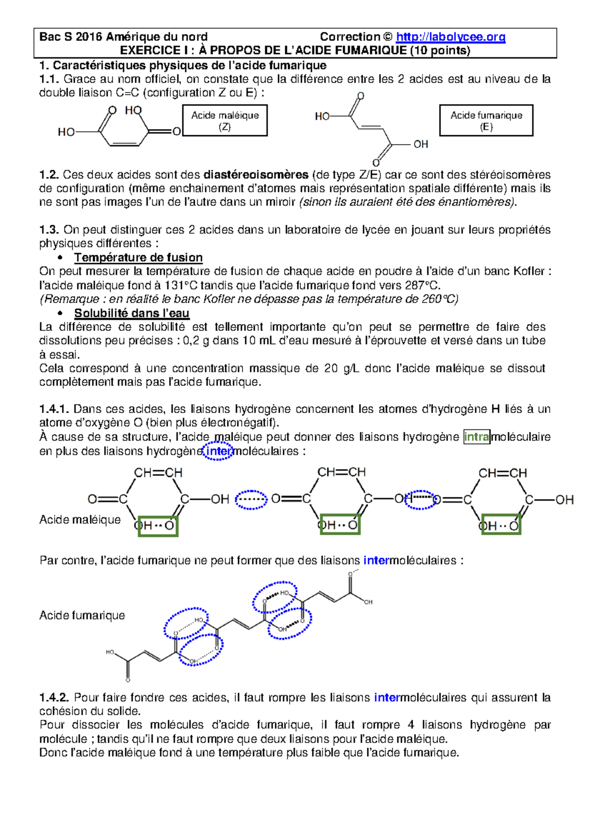 2016-Am Nord-Exo1-Correction-Acide fumarique-10pts - Bac S 2016 ...