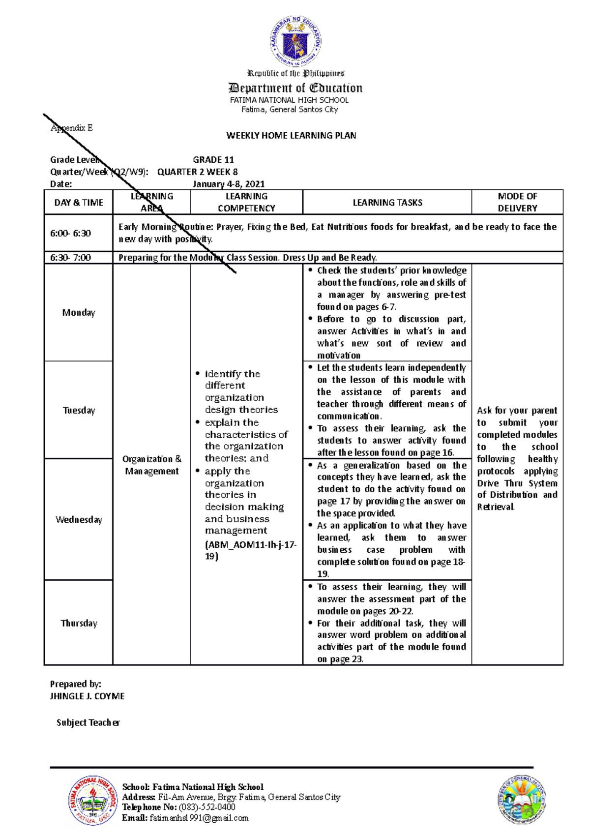 ORG&MNGT WHLP WEEK 8 - WEEKLY HOME LEARNING PLAN Grade Level: GRADE 11 ...