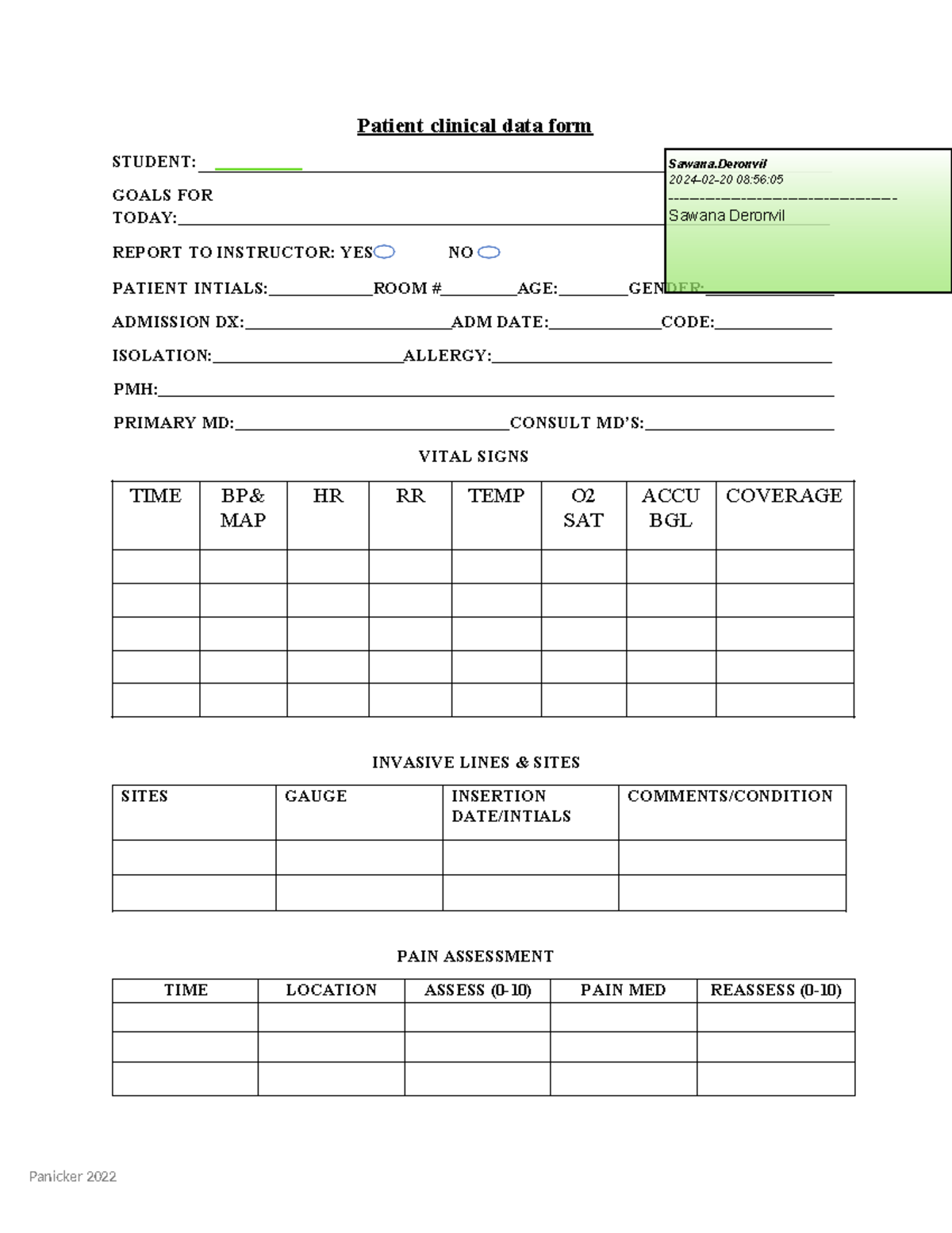 Daily patient clinical data form - Patient clinical data form STUDENT ...