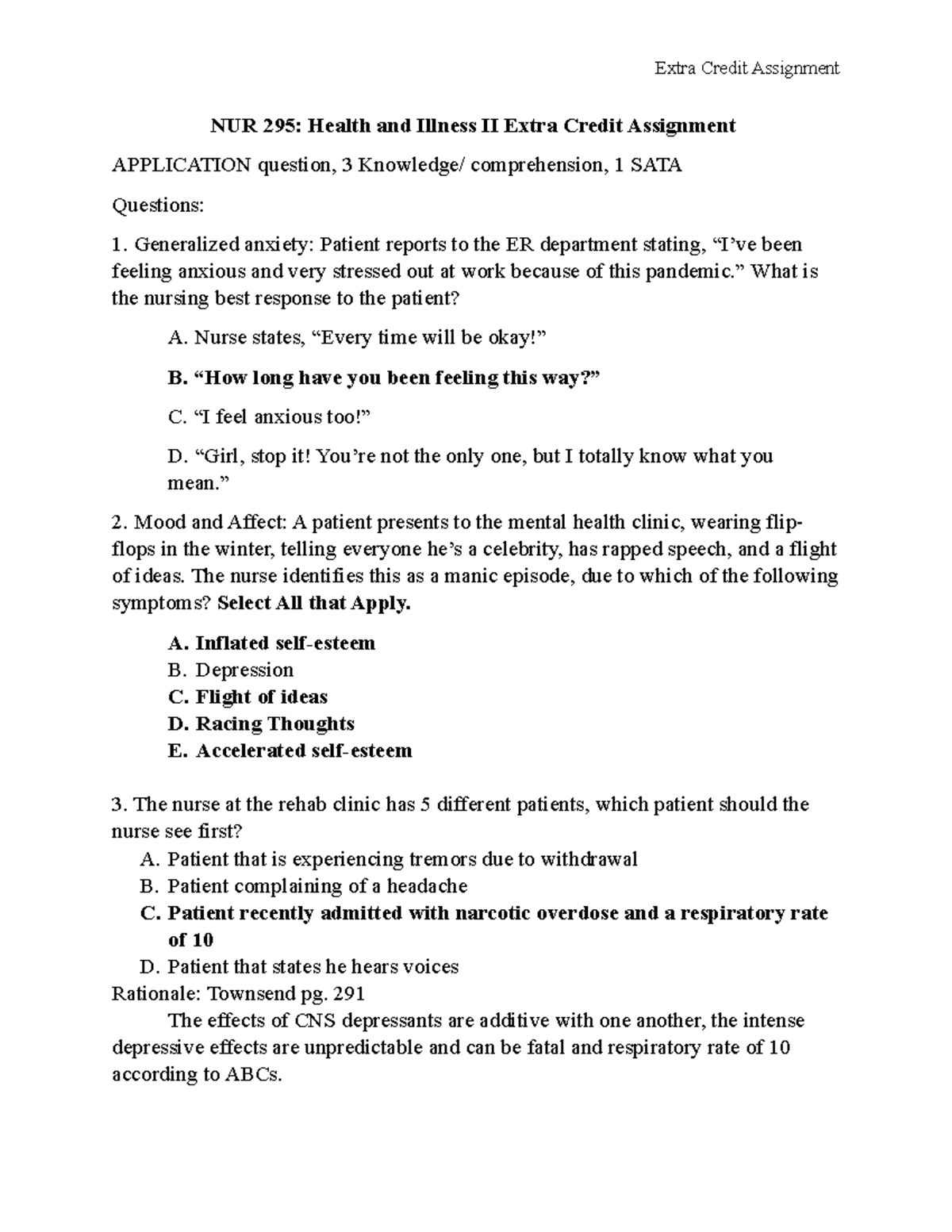 Extra Credit Assignment with Rationales NUR 295 Health and Illness
